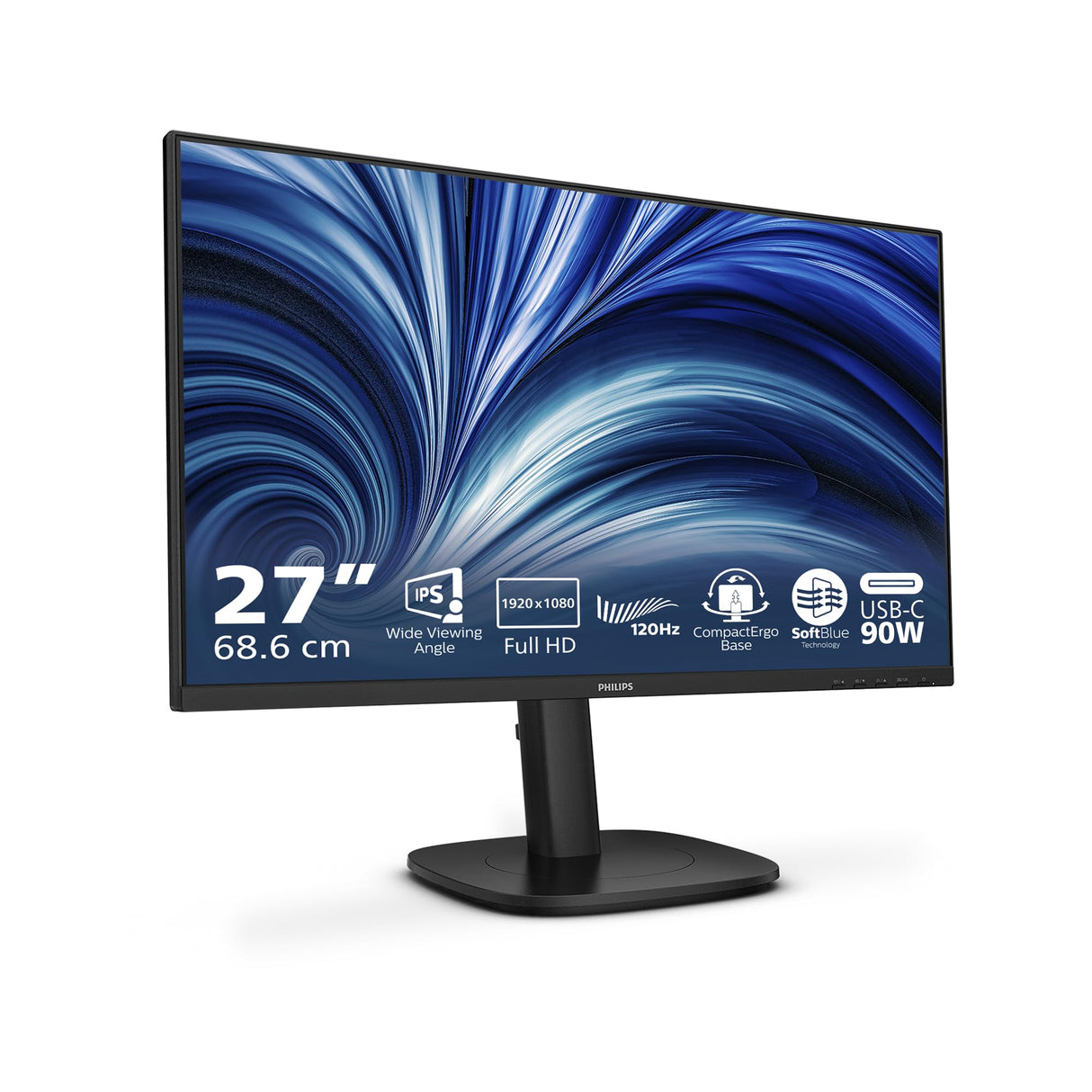 Philips 24B2U3301 Monitor 24 Pulgadas FHD, 120Hz, IPS, 4 ms GtG, Adaptive Sync., Altura Ajustable, Altavoces (1920x1080, 1x HDMI 1.4, 1x DP 1.4, USB-Hub), Negro