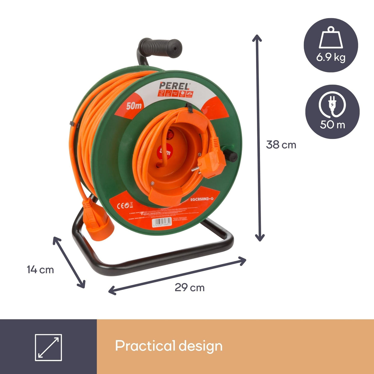 Perel Extensión electrónica sobre enrollamiento, uso interior, tierra alemana, protección térmica, 50 m, 3g1.5, naranja/verde