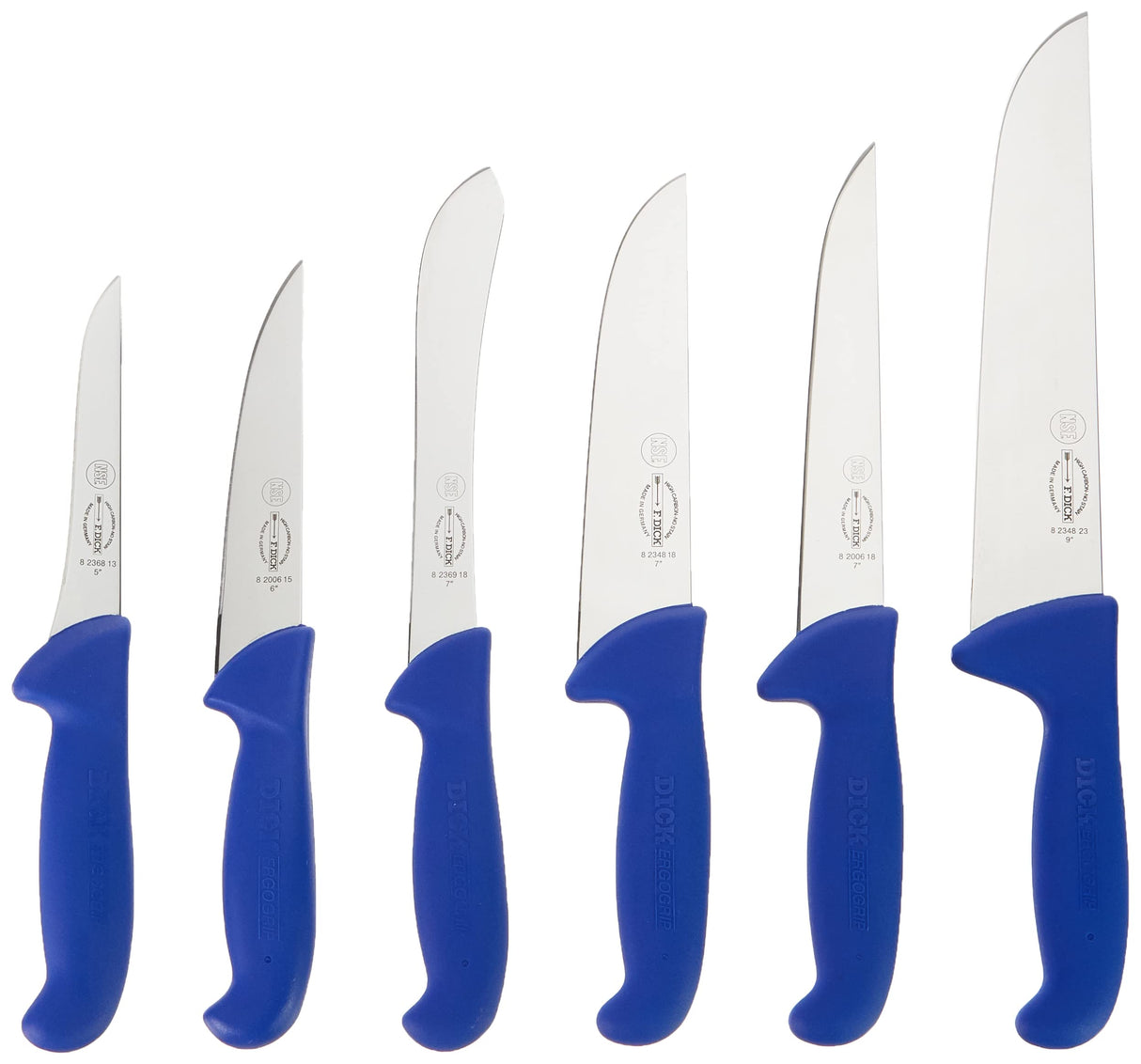 F. DICK ErgoGrip - Juego de cuchillos (6 piezas, 18, 23 cm, 15, 18 cm, 13 cm, HRC 56°), acero inoxidable, azul, 36,4 cm