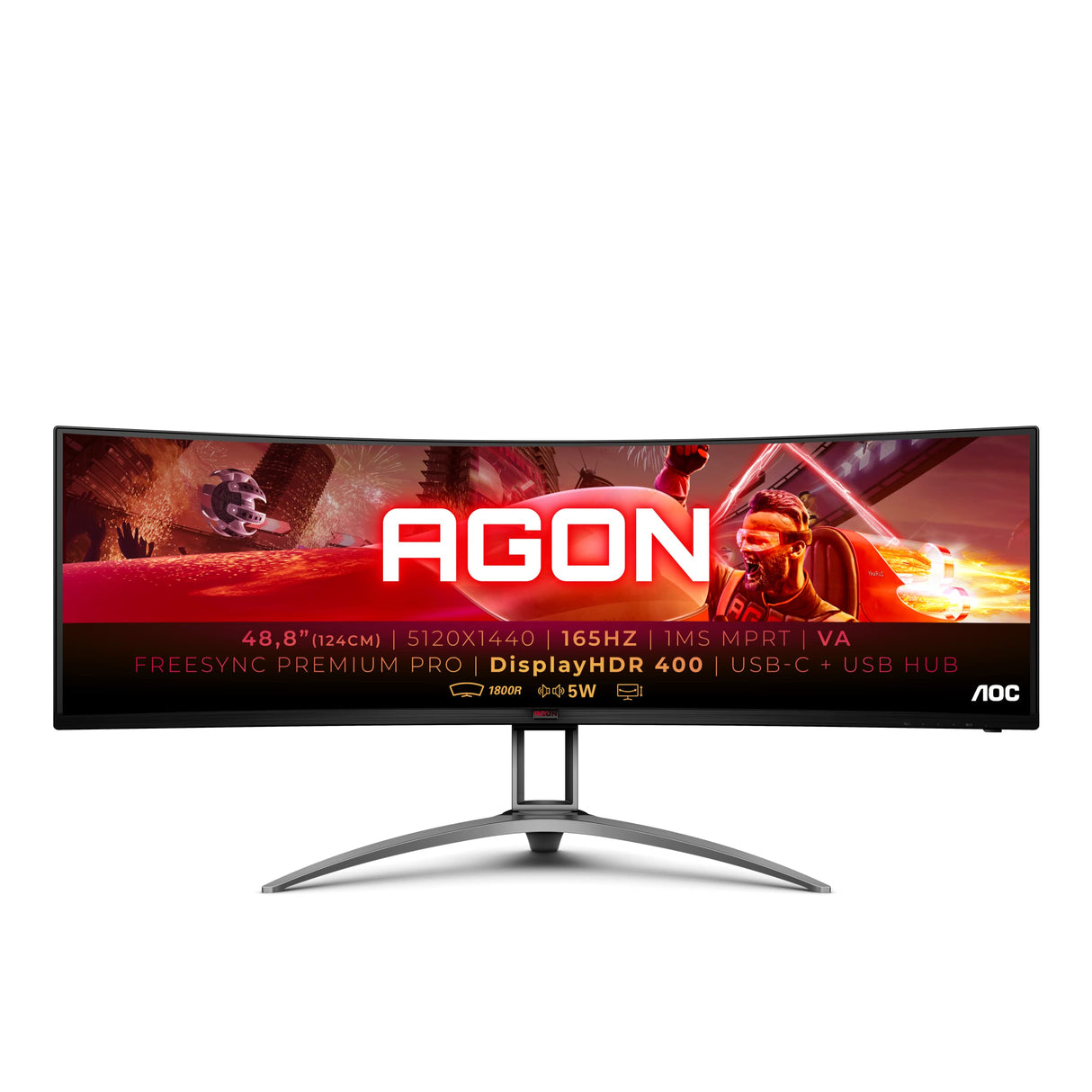 AOC Monitor Agon Gaming AG493UCX2-49 pulgadas Dual QHD, USB-C 165Hz, VA, 1ms, FreeSync Premium Pro, FlickerFree, Low Blue Mode (5120x1440, 400cd/m, HDMI 3x3.0, Displayport 1x1.4)