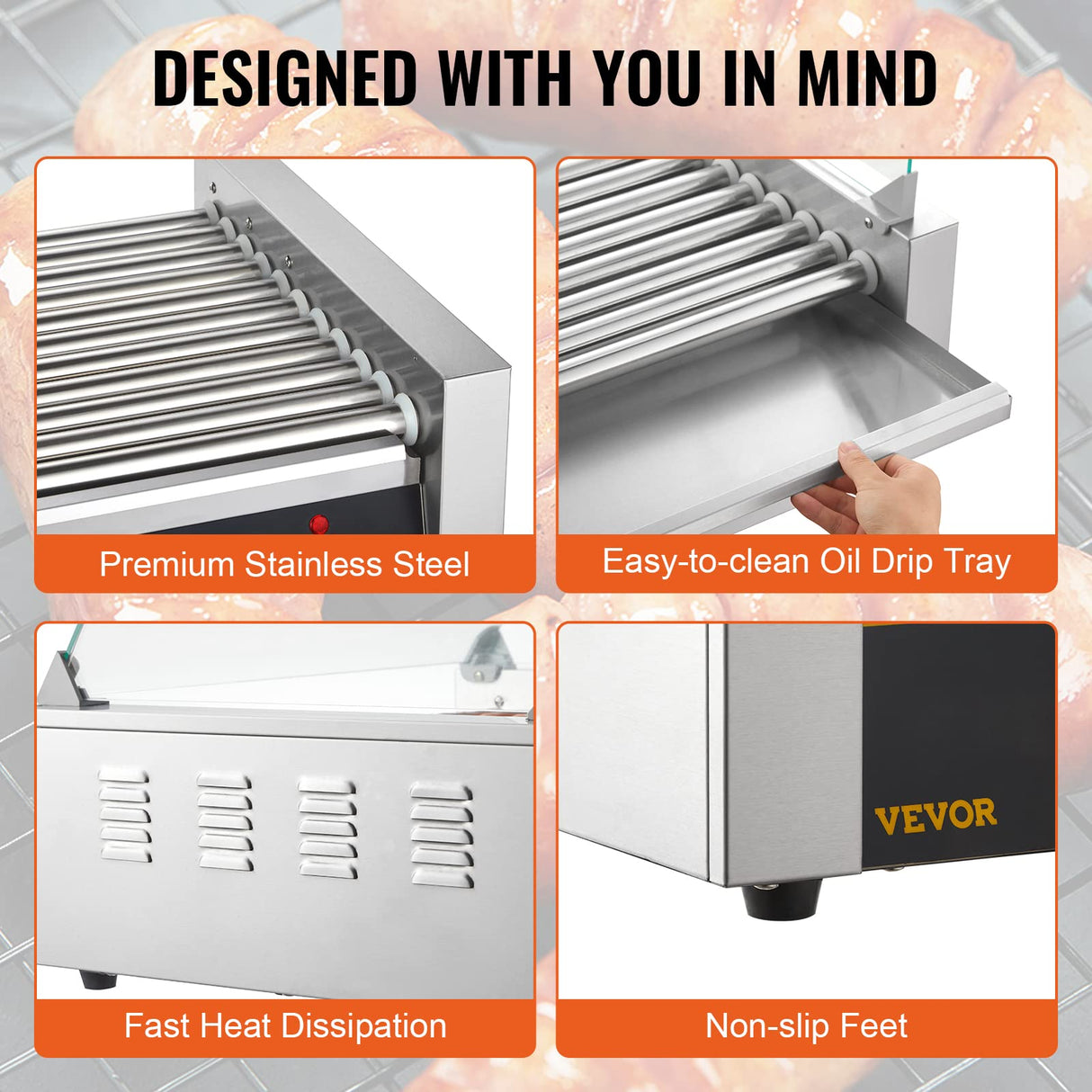 VEVOR Máquina de Rodillos para Perros Calientes de 56,2 x 47,5 x 44,2 cm con una Parrilla de Acero Inoxidable de Calidad Comercial, 50 °C-250 °C, 2,2 kW, para Puestos de Comida, Fiestas y Barbacoas
