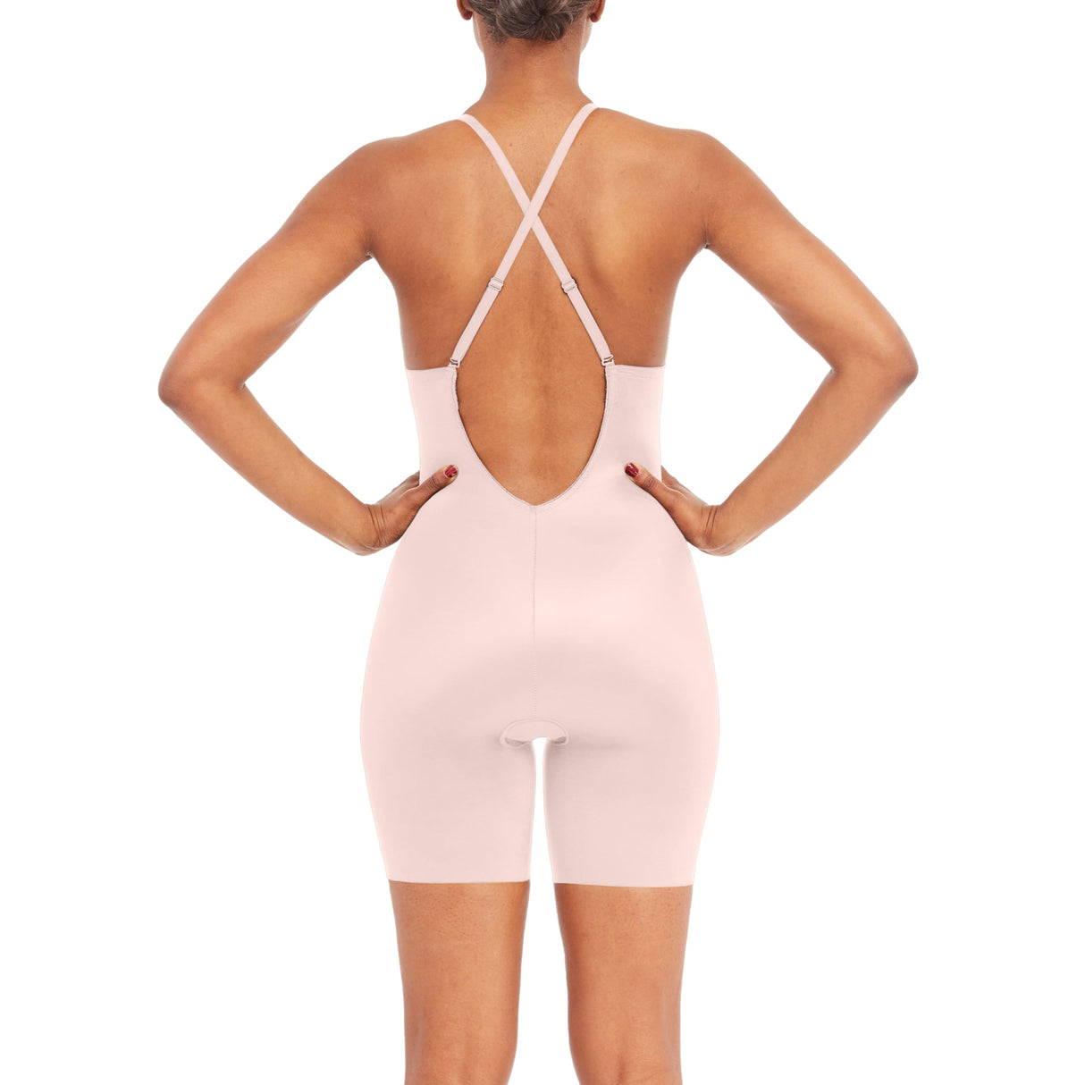 Spanx shape Suit Your Fancy Plunge Low-Back Mid-Thigh Bodysuit - Comfortable One Piece - Medium Compression - Seamless,CHAMPAGNE BEIGE,L