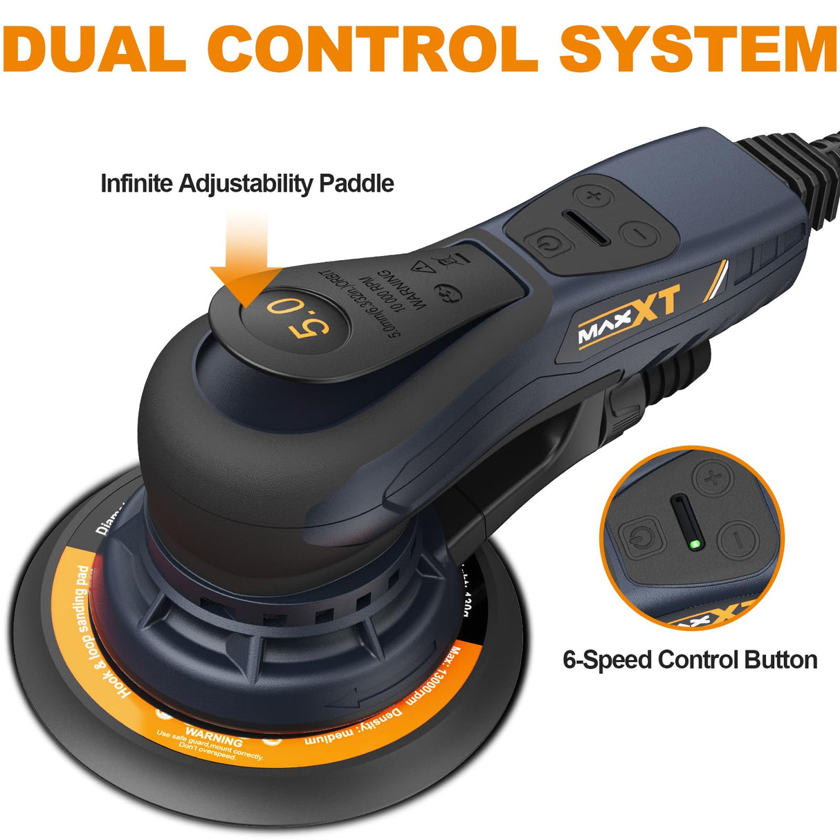 MAXXT Lijadora excéntrica sin escobillas de 5,0 mm, 230 V, con cableado trinúcleo, versátil lijadora eléctrica con ritmo variable y 10 discos abrasivos, con cable