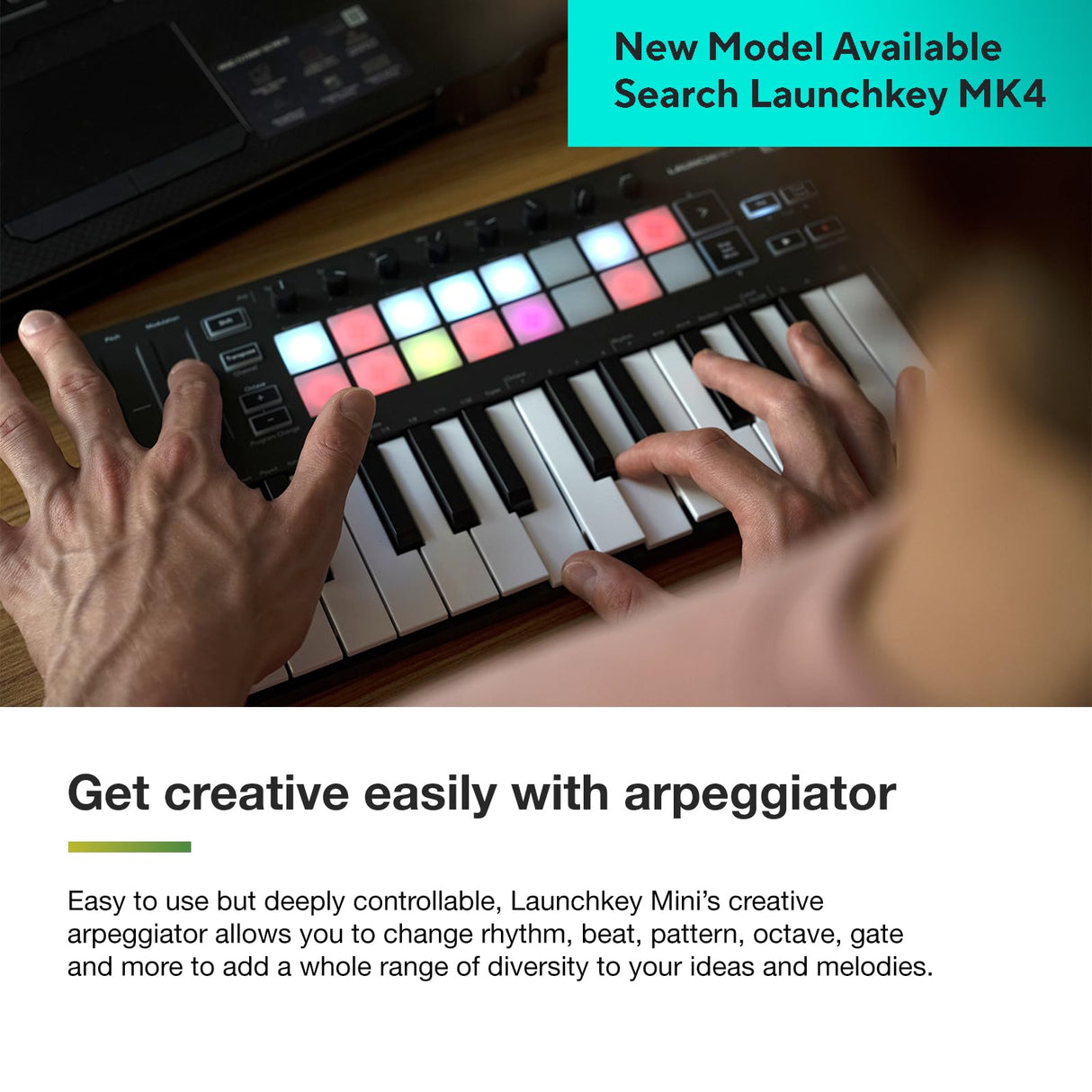 Novation Launchkey Mini [MK3] — Controlador de teclado MIDI de 25 teclas portátil con USB e integración de DAW. Modo de acordes fijos y arpegiador — para producción musical