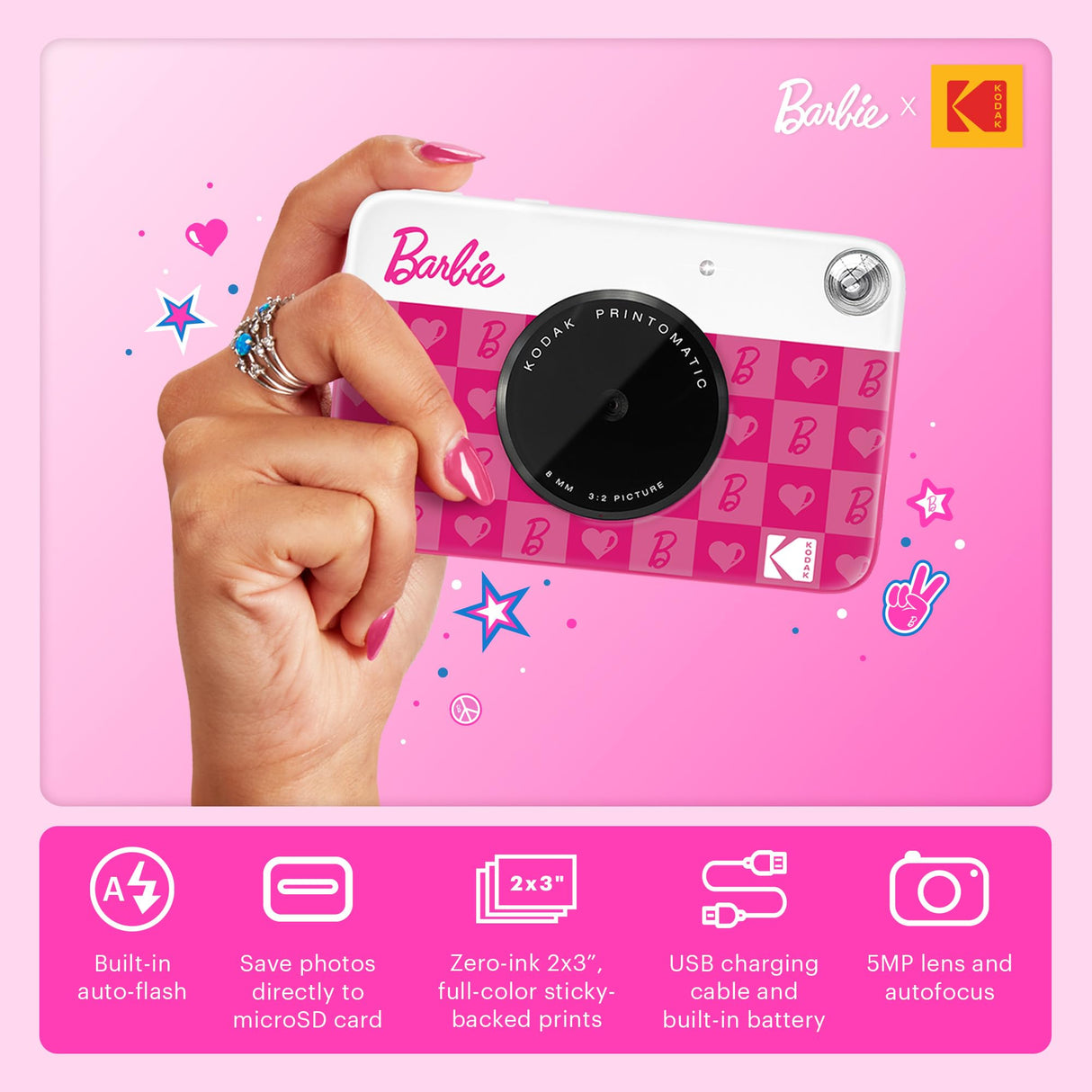 Kodak x Barbie Printomatic Cámara Digital de Impresión Instantánea a Color Completa Paquete de Inicio Barbie (Estilo Icónico) + Estuche de Cámara Deluxe Barbie + Papel Zink (20 Hojas)