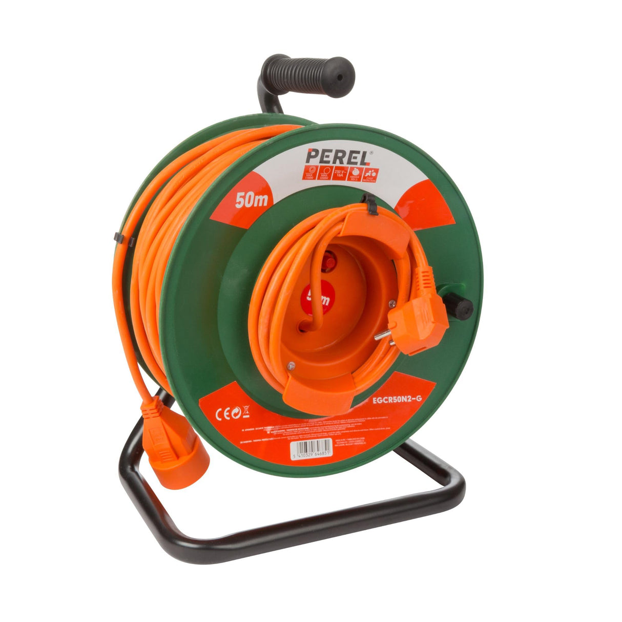 Perel Extensión electrónica sobre enrollamiento, uso interior, tierra alemana, protección térmica, 50 m, 3g1.5, naranja/verde