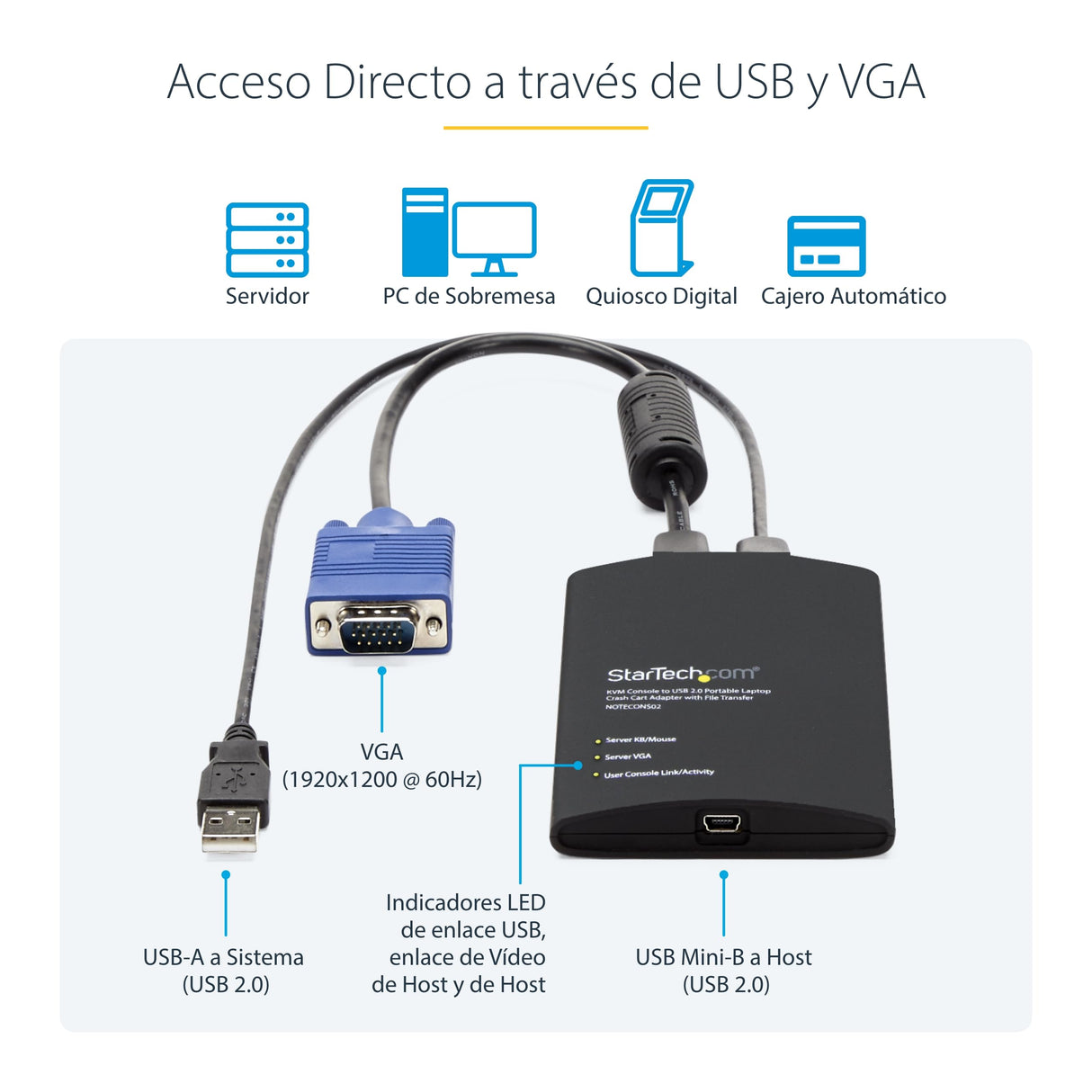 StarTech.com Adaptador USB de Crash Cart - Vídeo y Transferencia de archivos - Adaptador de Crash Cart para Ordenador Portátil - Adaptador KVM de Crash Cart para Sala de Servidores (NOTECONS02)