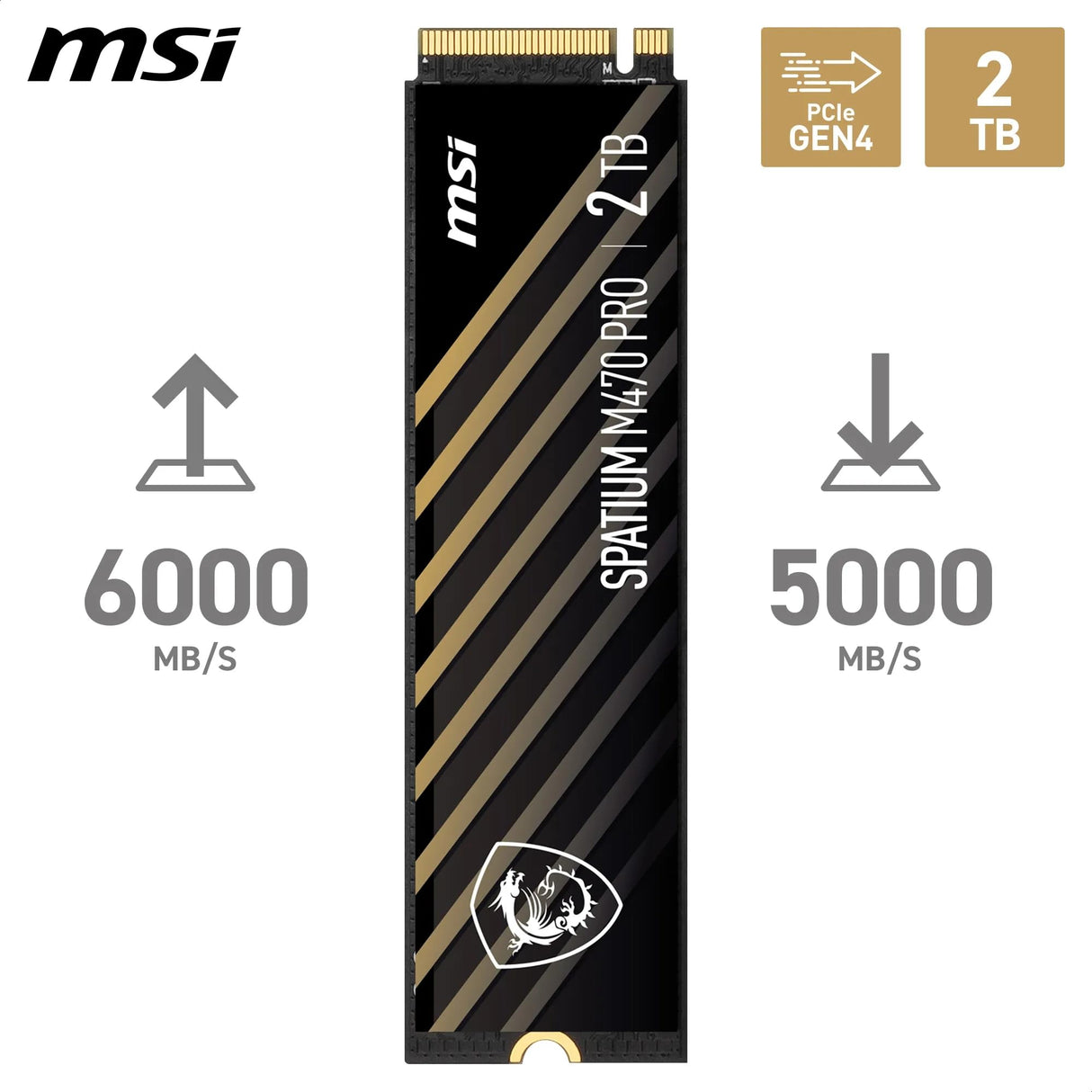 MSI SPATIUM M470 Pro SSD 2TB - PCIe 4.0 NVMe M.2 Unidad de Estado sólido Interna, 6000MB/s de Lectura y 5000MB/s de Escritura, 3D NAND, Seguridad de Datos integrada, Center - 5 años de garantía