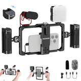 NEEWER Jaula Universal para teléfono móvil, estabilizador de vídeo, iluminación con Disparador Bluetooth, Mango Lateral, luz LED, micrófono USB C, Compatible con iPhone 16 Pro MAX 15 Pro MAX S24