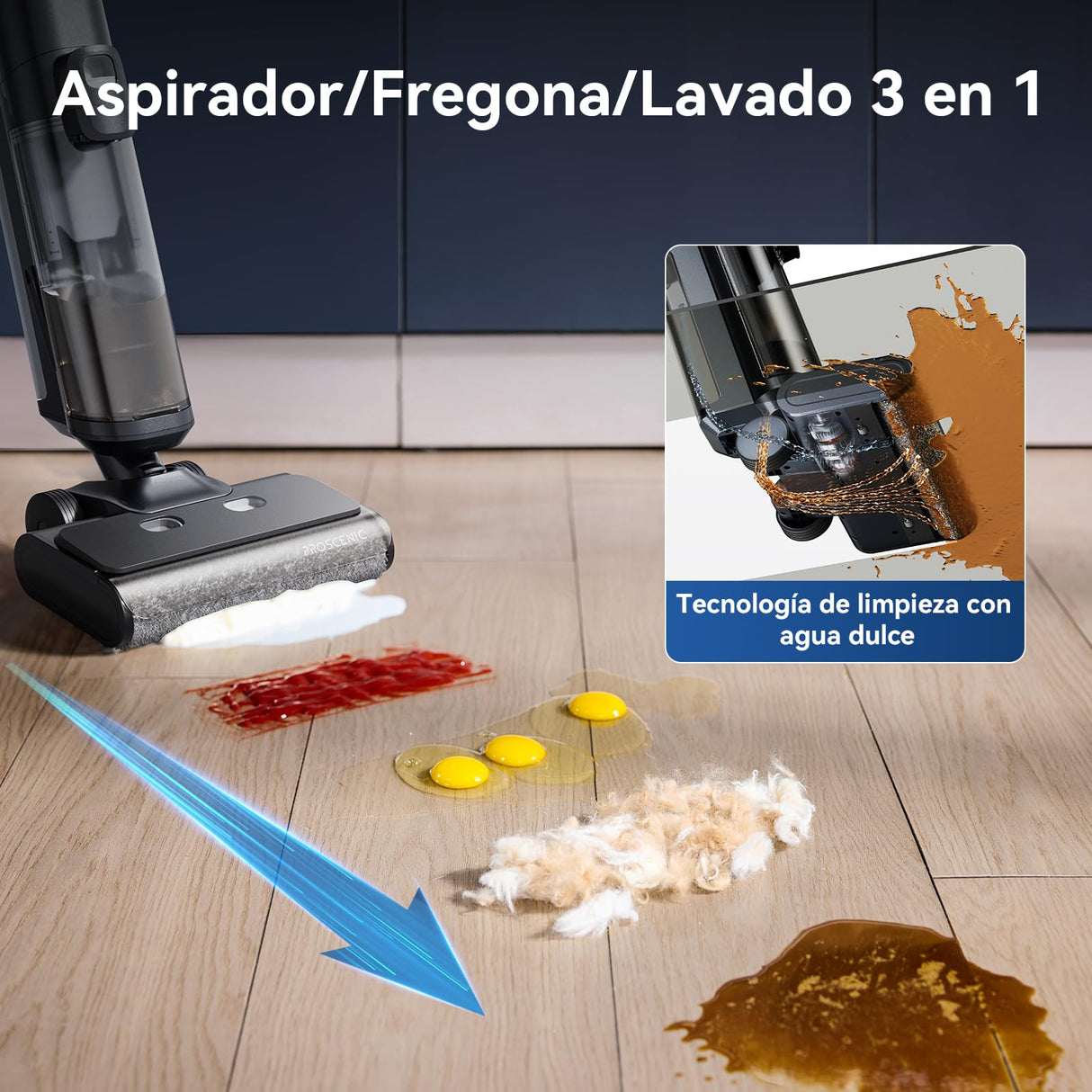 proscenic F20A Aspirador Escoba sin Cables en Seco y Húmedo,35Min, 2L Tanque Agua, Limpieza de Bordes, Autolimpieza, Secado por Aire Frío, LED Pantalla, Suelos Duros y Pelo de Mascotas
