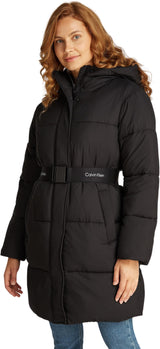 Calvin Klein Abrigo Mujer Logo Belt Long Puffer con cinturón, Negro (Ck Black), XS