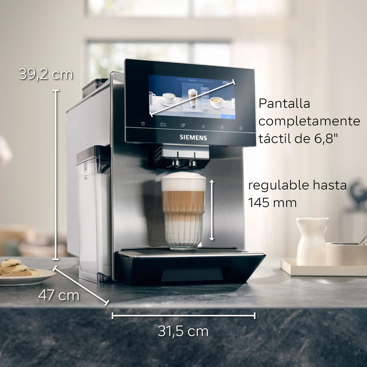 SIEMENS - Cafetera Superautomática, EQ700, Pantalla iSelect de 5", coffeWorld, Molinillo, Home Connect, Acero Inoxidable, TQ707R03