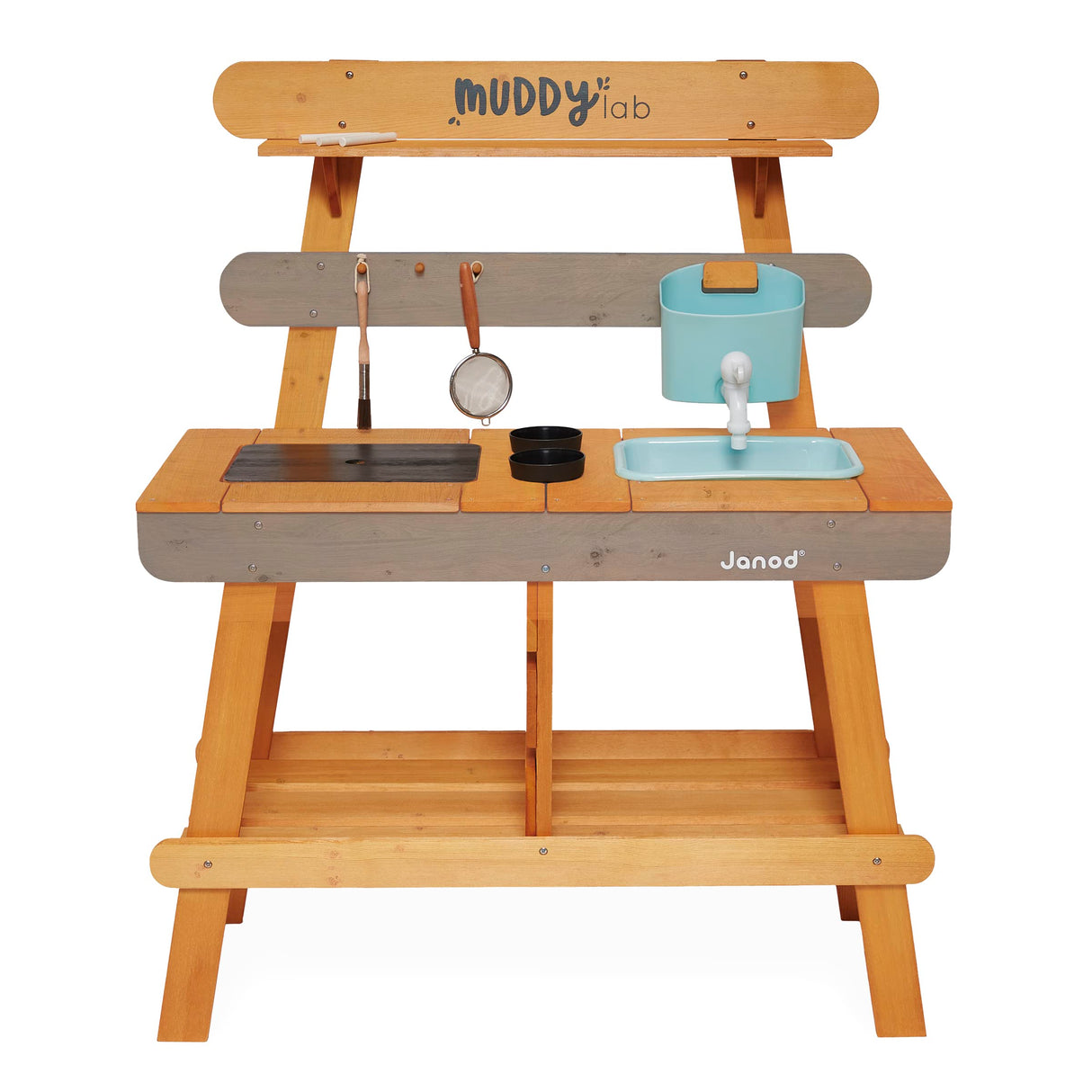 JANOD Muddy Lab-Cocina Infantil de Madera FSC-10 Accesorios-Juego de Imitación Exterior para Niños-A Partir de 3 Años, J06632, Color Azul Cielo/Gris, 77 x 35 x 95 (JURATOYS