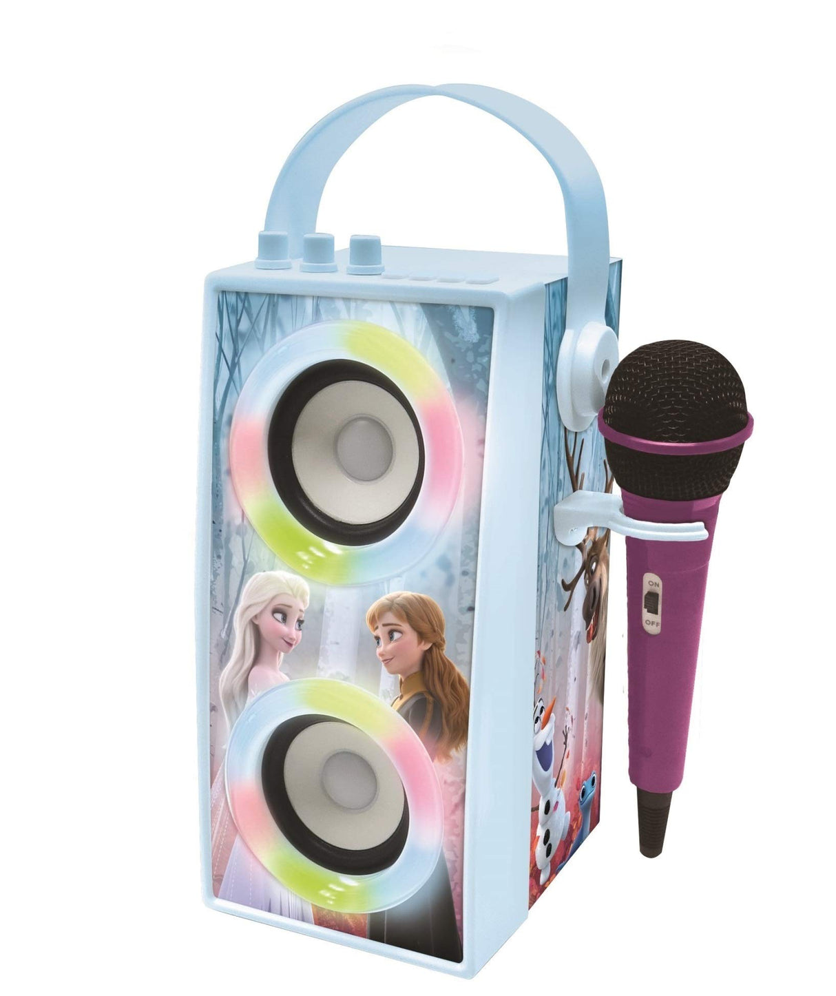 LEXIBOOK, Frozen, Altavoz Luminoso Bluetooth portátil con micrófono, Efectos de luz, Karaoke, inalámbrico, USB, Tarjeta SD, batería Recargable, Azul/Morado, BTP180FZZ