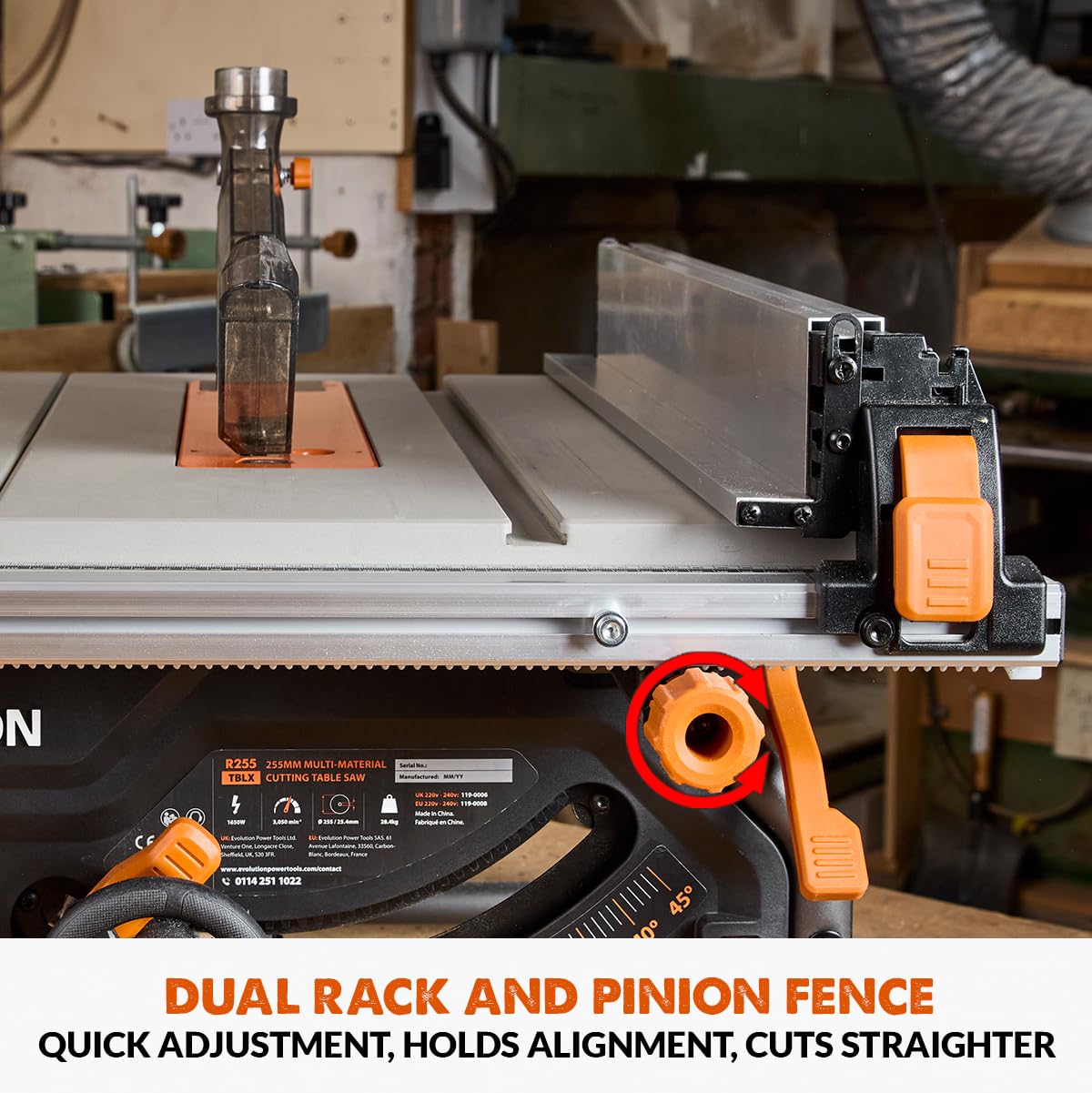 Evolution Power Tools R255TBL Sierra de mesa (Nueva generación Rage 5-S) Multi-Material Hoja de corte incluida Corta Madera Metal Plástico, Bisel 45˚, Ángulo de inglete +/- 60˚, 1650w