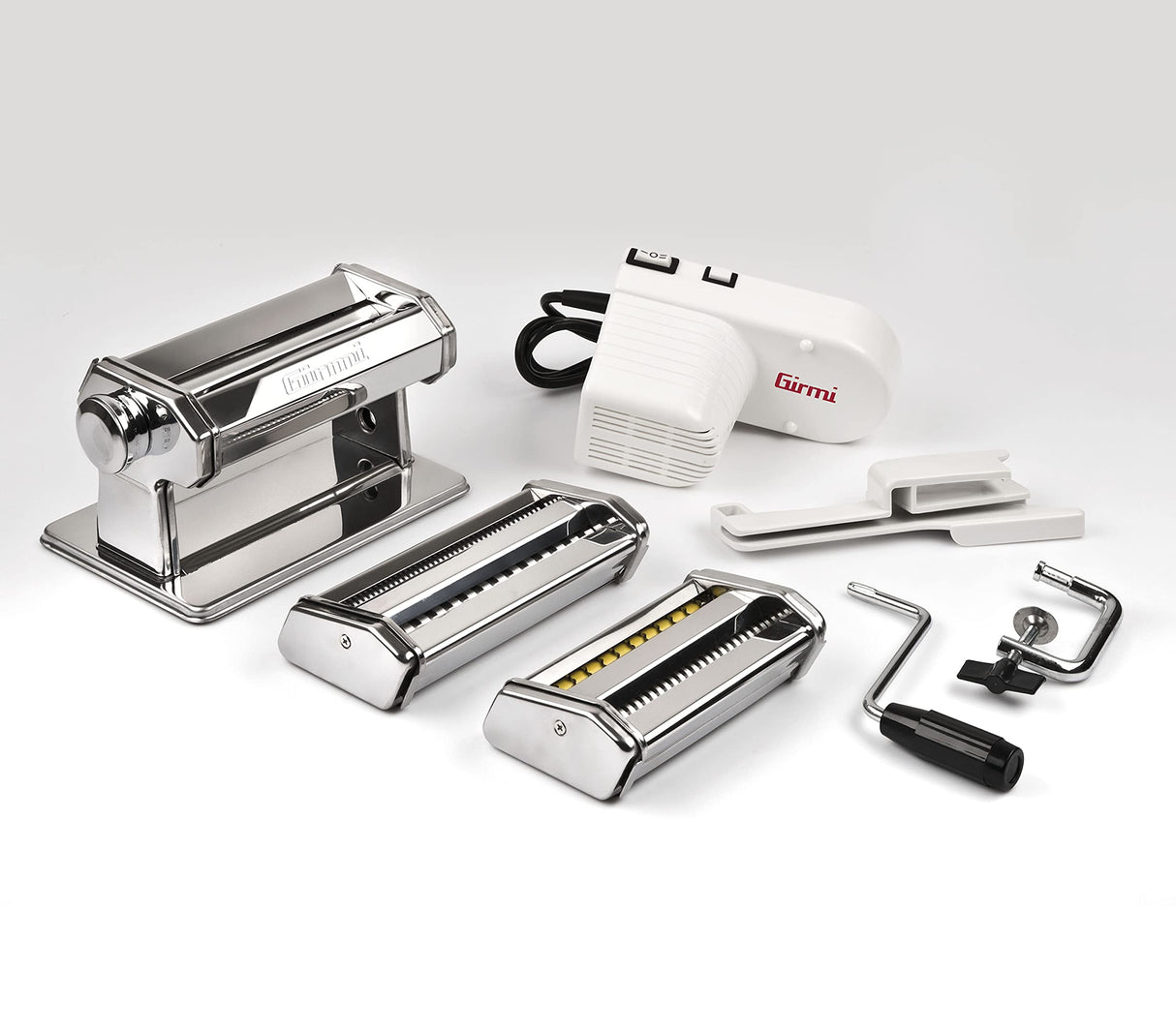 Girmi IM91 Máquina de pasta eléctrica, 90 W, Cuerpo en Acero Inoxidable, 2 velocidades y Pulse, 2 accesorios intercambiables, 5 formatos de pasta, Blanco