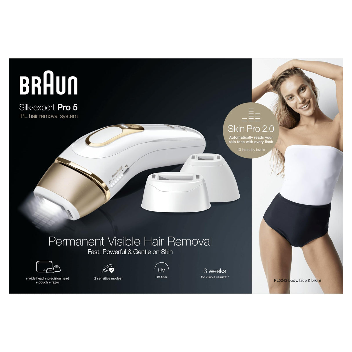 Braun IPL Silk-Expert Pro 5 PL5242 Depilación para el hogar, Blanco/Oro, Alternativa a la depilación láser, con caso, sistema de afeitado Venus, 3 cabezas, regalo para mujeres