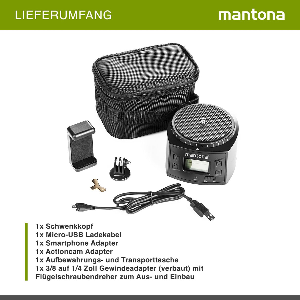 Mantona Turnaround 360 Advanced 3 - Cabezal de trípode eléctrico panorámico de rotación Continua de 360° para Timelapse Timelapse y pivotar con cámara para Smartphone Action CAM GoPro