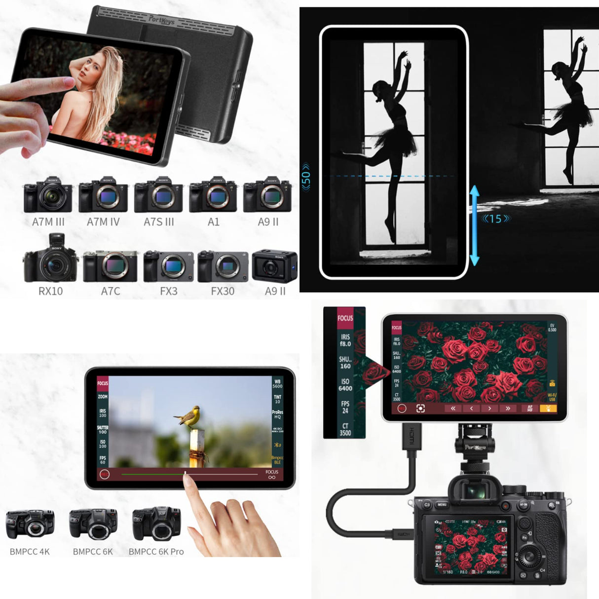 PortKeys LH7P Monitor de cámara Monitor de cámara de Control inalámbrico Salida LUT 4K 3D de 7" de Alto Brillo 1920X1080 1000nit 1080P60 Salida HDMI para BMPCC 4K (Zoom) BMPCC 6KBMPCC 6K Pro.