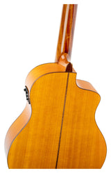 Ortega Guitars Family Series Pro - Guitarra flamenca para zurdos, tamaño 4/4, electroacústica, pícea y ciprés con acabado brillante, color amarillo – Incluye funda (RCE170F-L)