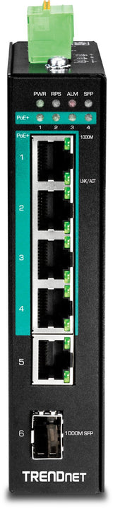 TRENDnet, TI-PG541i, Switch DIN-Rail administrado de Capa 2 PoE+ Gigabit Industrial Reforzado de 6 Puertos, 4 Puertos Gigabit PoE+ 802.3at, 1 Puerto Gigabit, 1 Ranura SFP Gigabit, Consumo de 120 W