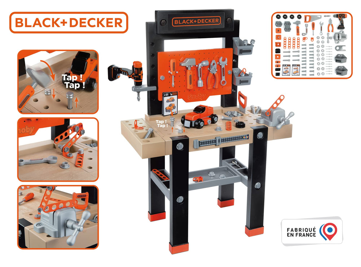 Smoby- Black & Decker Bricolo Center, Taller Banco de Trabajo de Juguete, 92 Accesorios, Taladro mecánico, Función de Clavo Sube-Baja (7600360727)