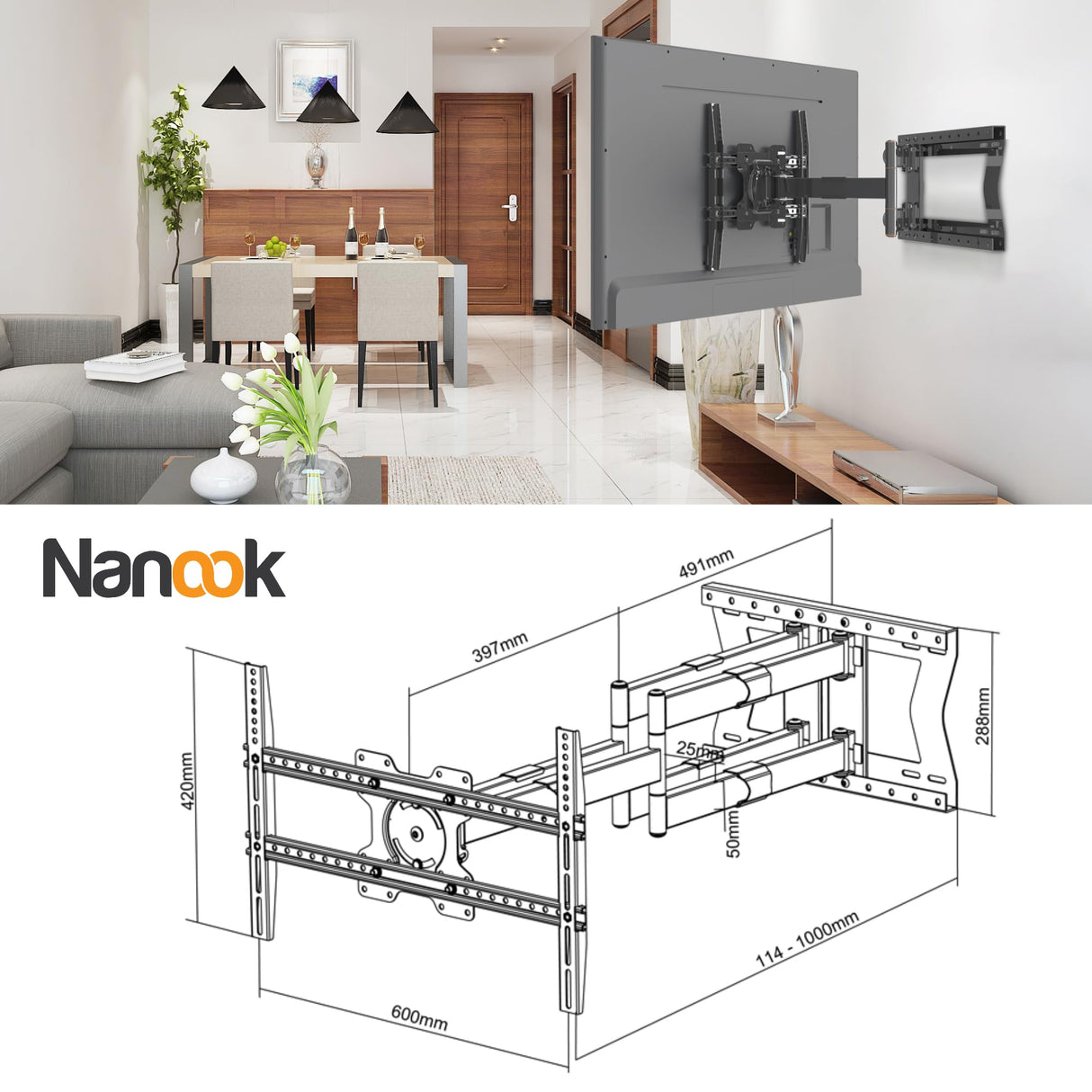 Nanook 4100 Soporte de Pared de Brazo Largo para televisores de 42 a 75 Pulgadas, Extensión Extra Larga de hasta 100 cm, Soporte de TV Que Permite Movimiento Completo, Soporta un Peso de hasta 80 kg