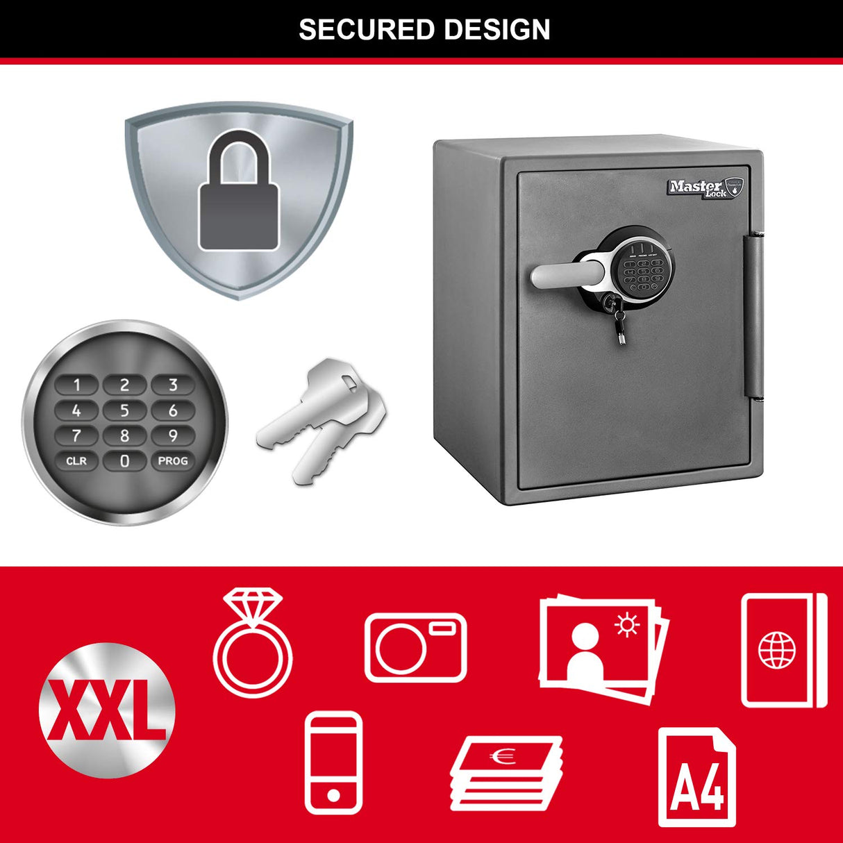 Master Lock Caja Fuerte de Seguridad, Ignifuga y Resistente al Agua, llave y Combinación Digital, XXlarge 56,6L - LTW205GYC