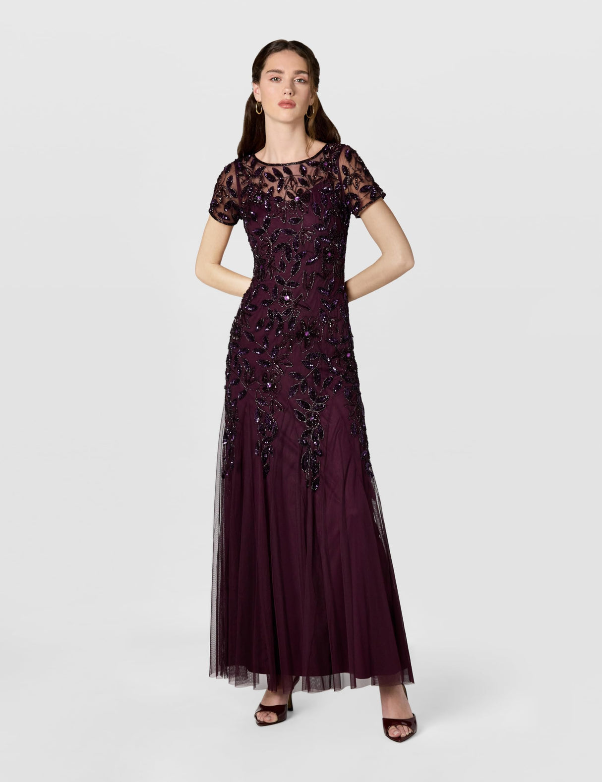 Adrianna Papell Short-Sleeve Floral Beaded Godet Gown Vestido, Ciruela Nocturna, 46 Mujeres