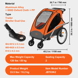 VEVOR Remorque de vélo pour Enfants, siège Double, Charge 55 kg, Porte-auvent 2 en1 transformant en Poussette, remorque de vélo Pliable pour Tout-Petits Avec attelage de vélo universel, Orange Gris