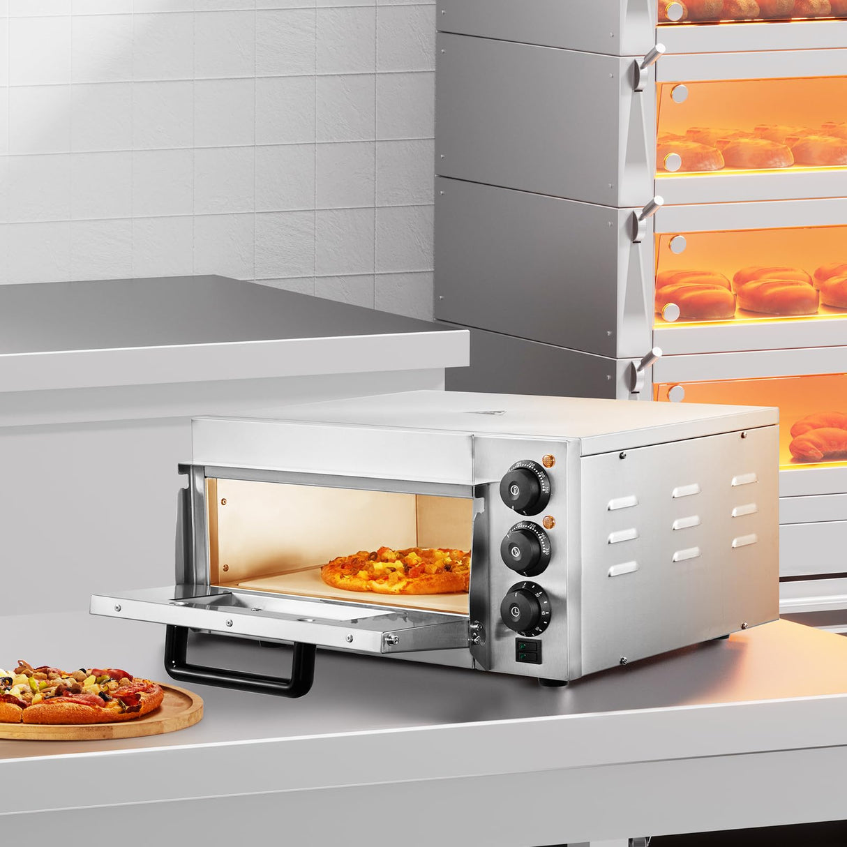 VEVOR Horno de Pizza Comercial Eléctrico de Encimera de Una Sola Capa, Acero Inoxidable con Piedra y Mango, Multiusos para Interiores para Restaurantes, Pretzels Horneados en Casa, 517 x 470 x 266 mm