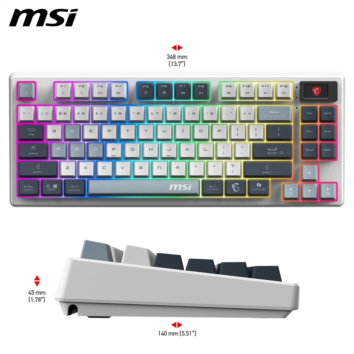 MSI Forge GK600 TKL Wireless Sky FR - Teclado AZERTY mecánico con interruptores lineales - Teclas PBT Impresas por sublimación, Base Antideslizante, LED RGB, USB 2.0, Bluetooth, 2.4 GHz - Tenkeyless