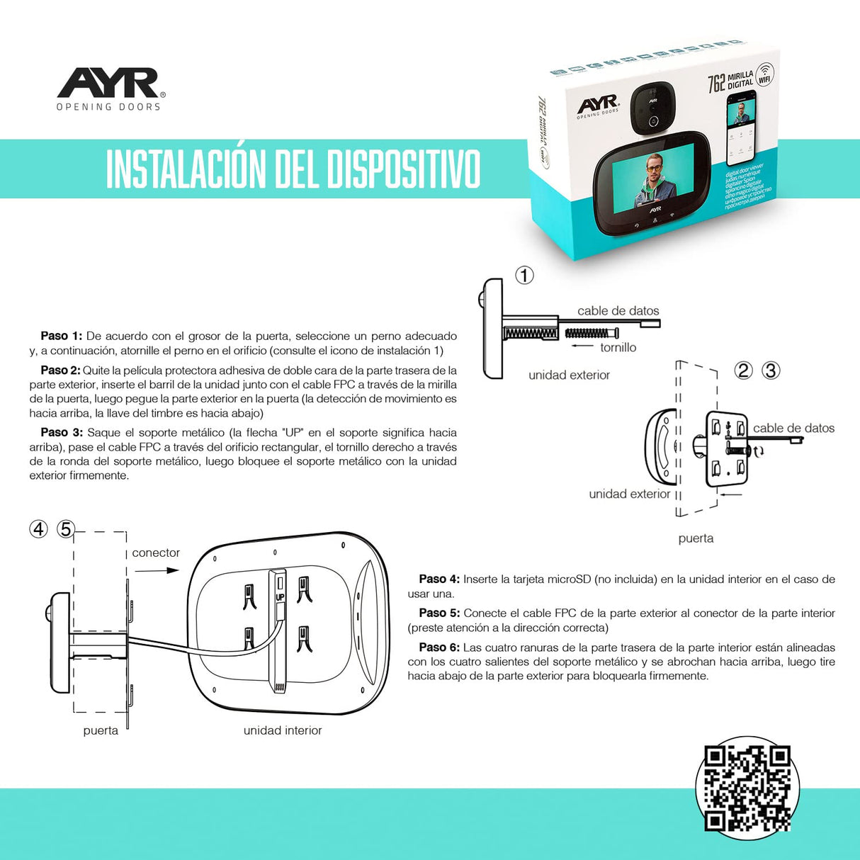 Mirilla Digital WiFi AYR 762. Protege TU Puerta. Gran Pantalla de 4,3", Sensor de Movimiento, Infrarrojos y visión Nocturna. Prúebala con Alexa y Google Home.