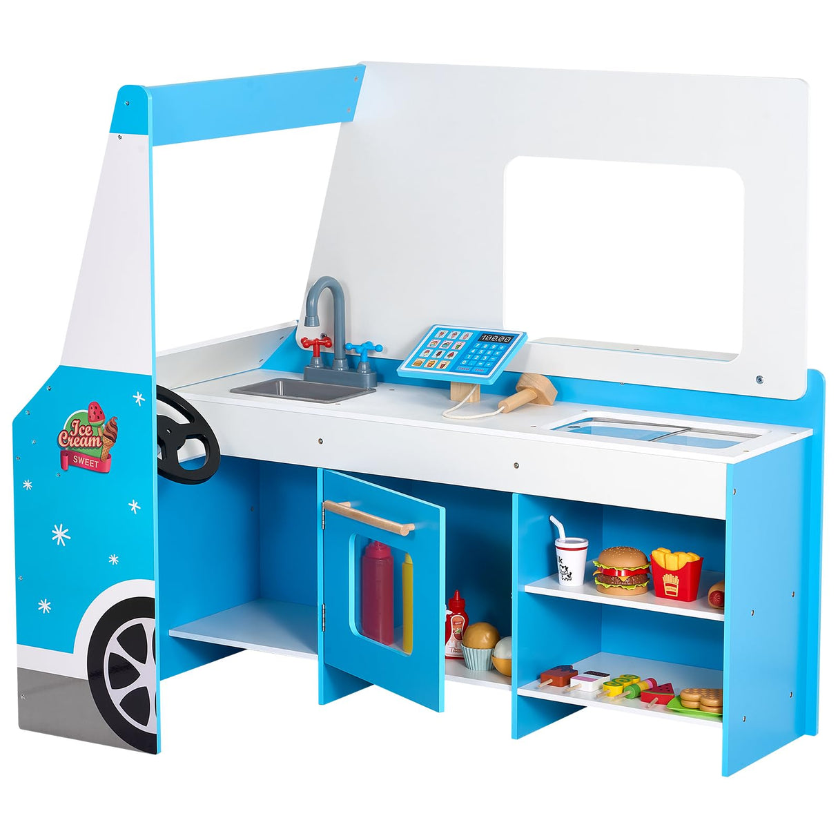 VEVOR Carrito de Helados para Niños, Juego de Madera de Más de 20 Piezas, con Volante y Pizarra, Escáner de Pago y Congelador, Grifo y Fregadero, para Niños de 3 a 7 Años, 1000 x 614 x 955 mm