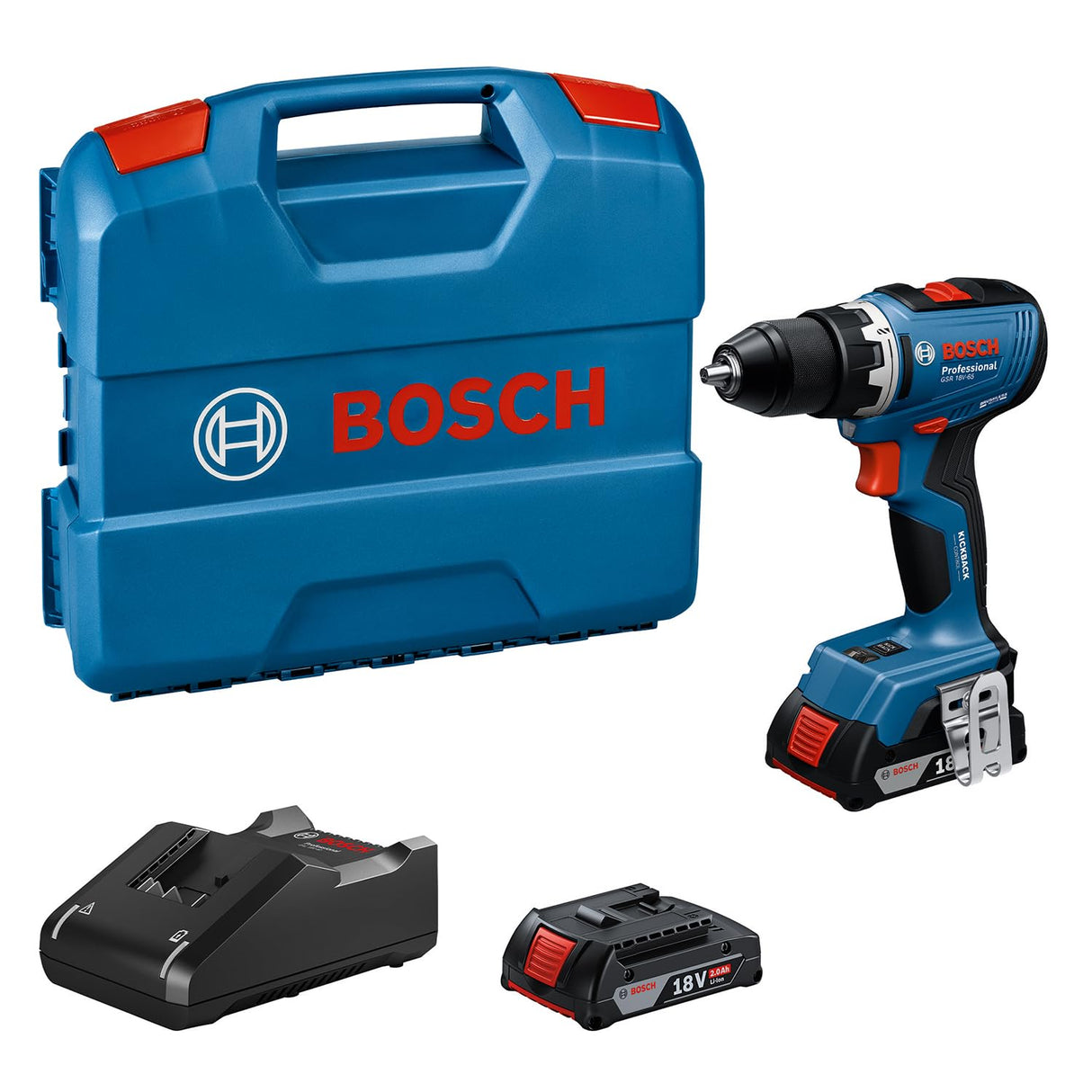 Bosch Professional 18V System atornillador a batería GSR 18V-65 (motor Brushless sin escobillas, 2 baterías GBA 18V 2.0Ah, cargador GAL 18V-20, L-Case)