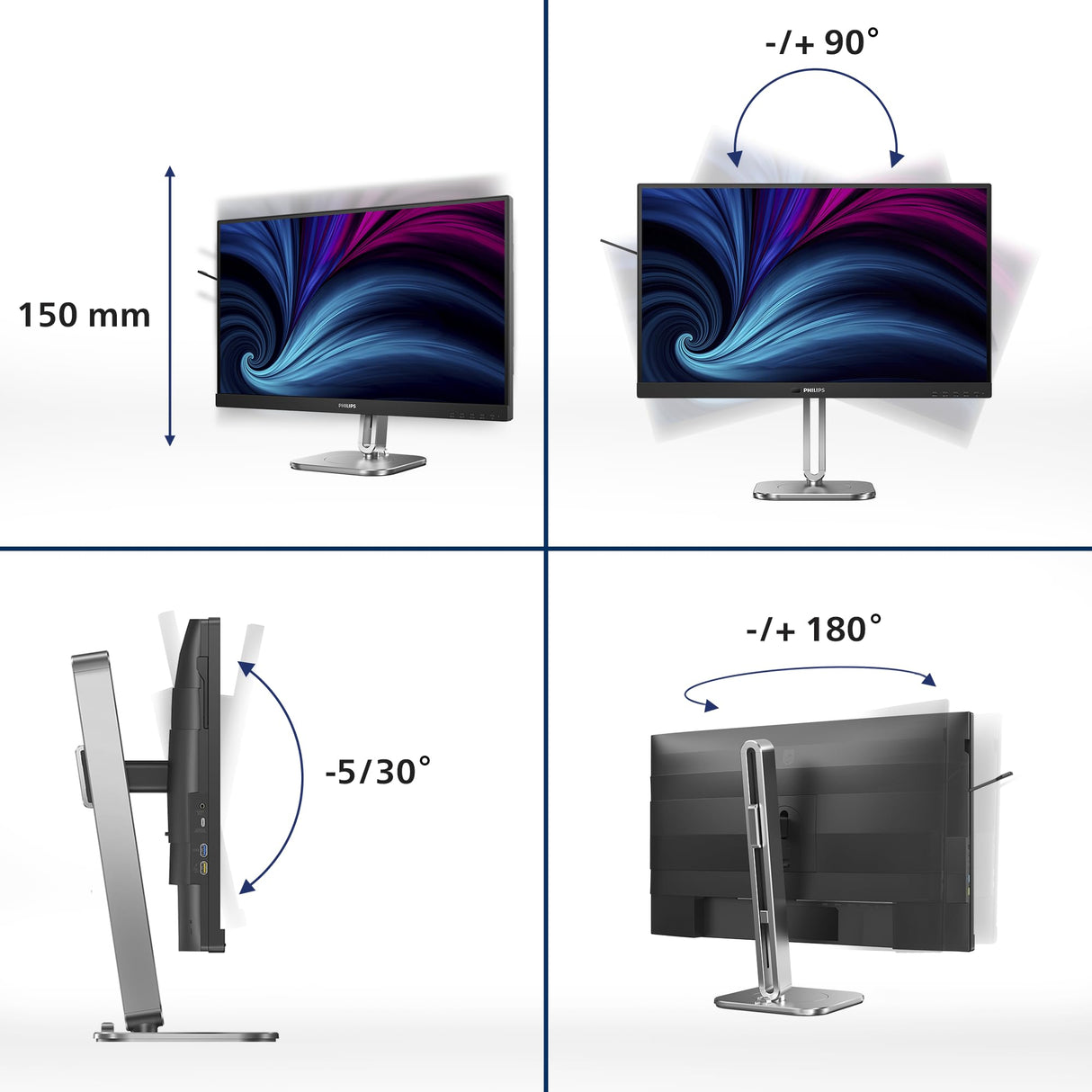 Philips 27B2U4601 Monitor 27 Pulgadas QHD, 120Hz, IPS, 4 ms GtG, Adaptive Sync., Altura Ajustable, Altavoces (2560x1440, 1x HDMI 2.0, 1x DP 1.4, USB-Hub), Gris Oscuro