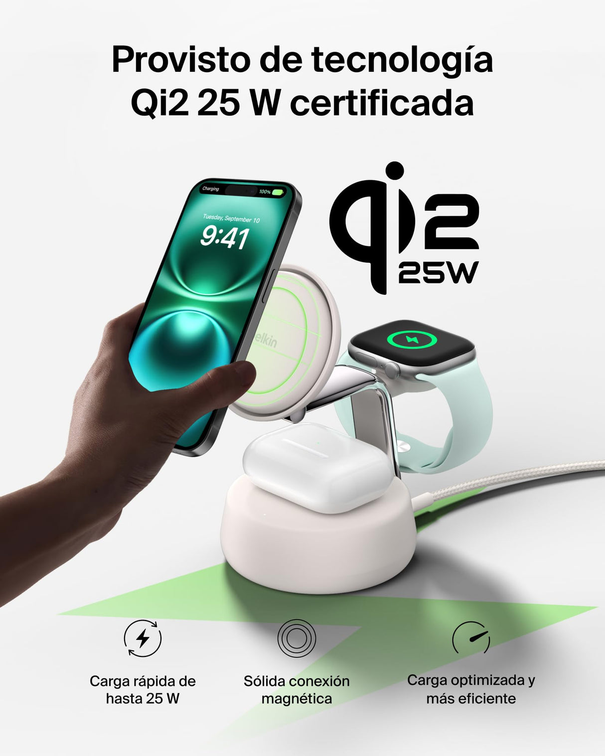 Belkin UltraCharge Pro Cargador Inalámbrico 3 en 1, 25W, Cargador Qi2 Compatible con MagSafe, Estación de Carga para iPhone 16, Apple Watch, AirPods, Pixelsnap con Ventilador y Adaptador 45W, Beis