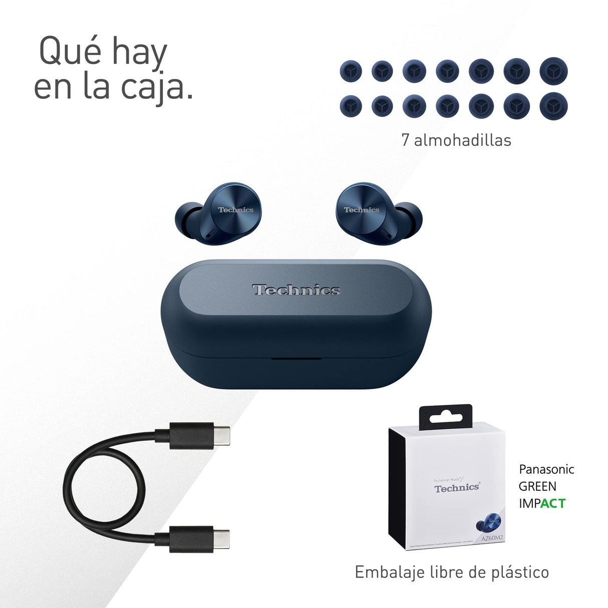 Technics EAH-AZ60M2EA Auriculares Inalámbricos Cancelación De Ruido, Bluetooth Multipunto 3 Dispositivos, Cómodos Intraurales, Carga Inalambrica, Azul Medianoche