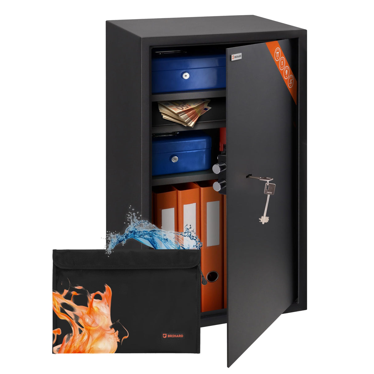 Brihard Business XXL Caja Fuerte con Llave Grande de 73x40x36cm con Bolsa A4 Ignífuga, para la Oficina 102L, con 3 Estantes Ajustables en Altura, para Documentos, Dinero y Joyas