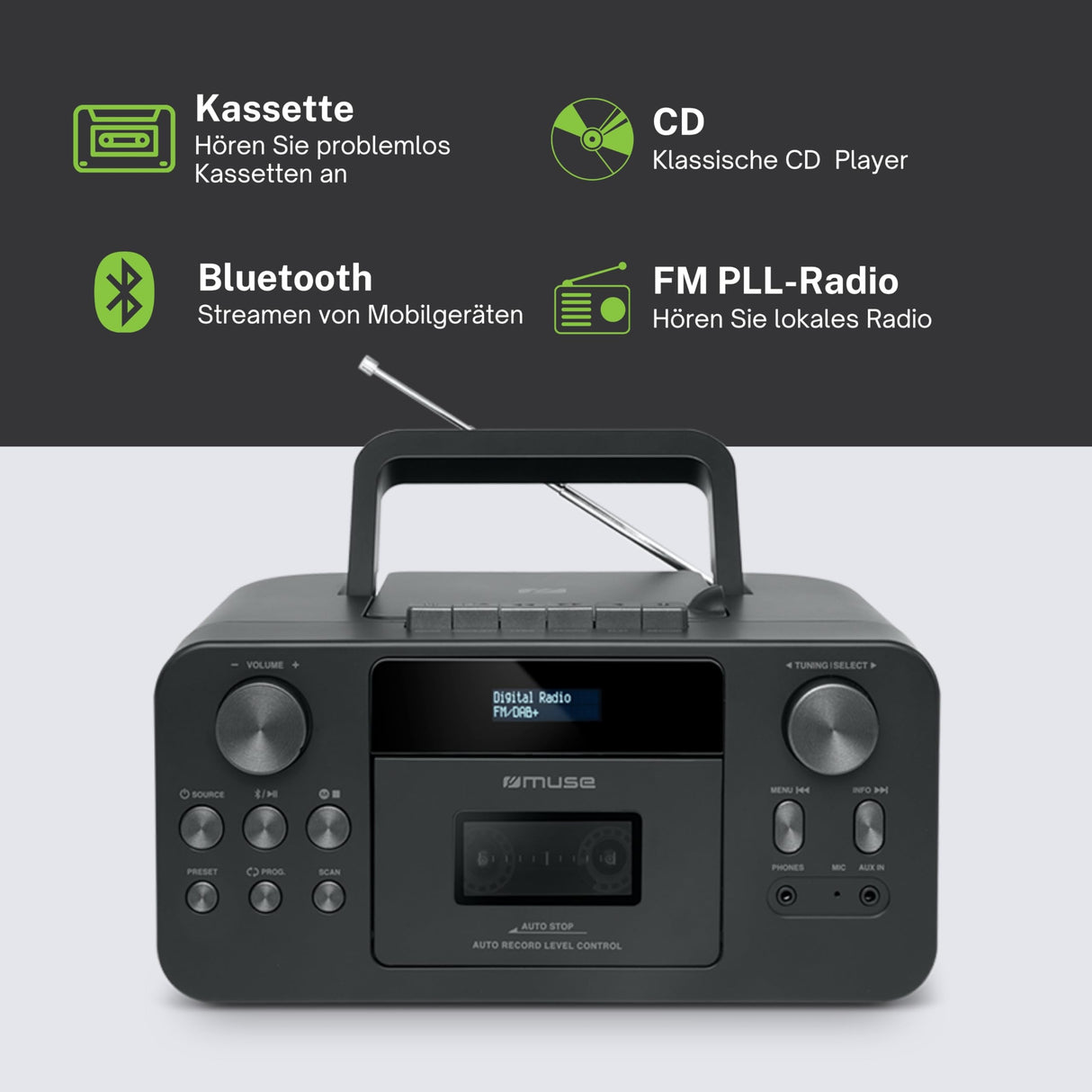 MUSE M-182 RDC Radio Cassette CD Grabador Bluetooth