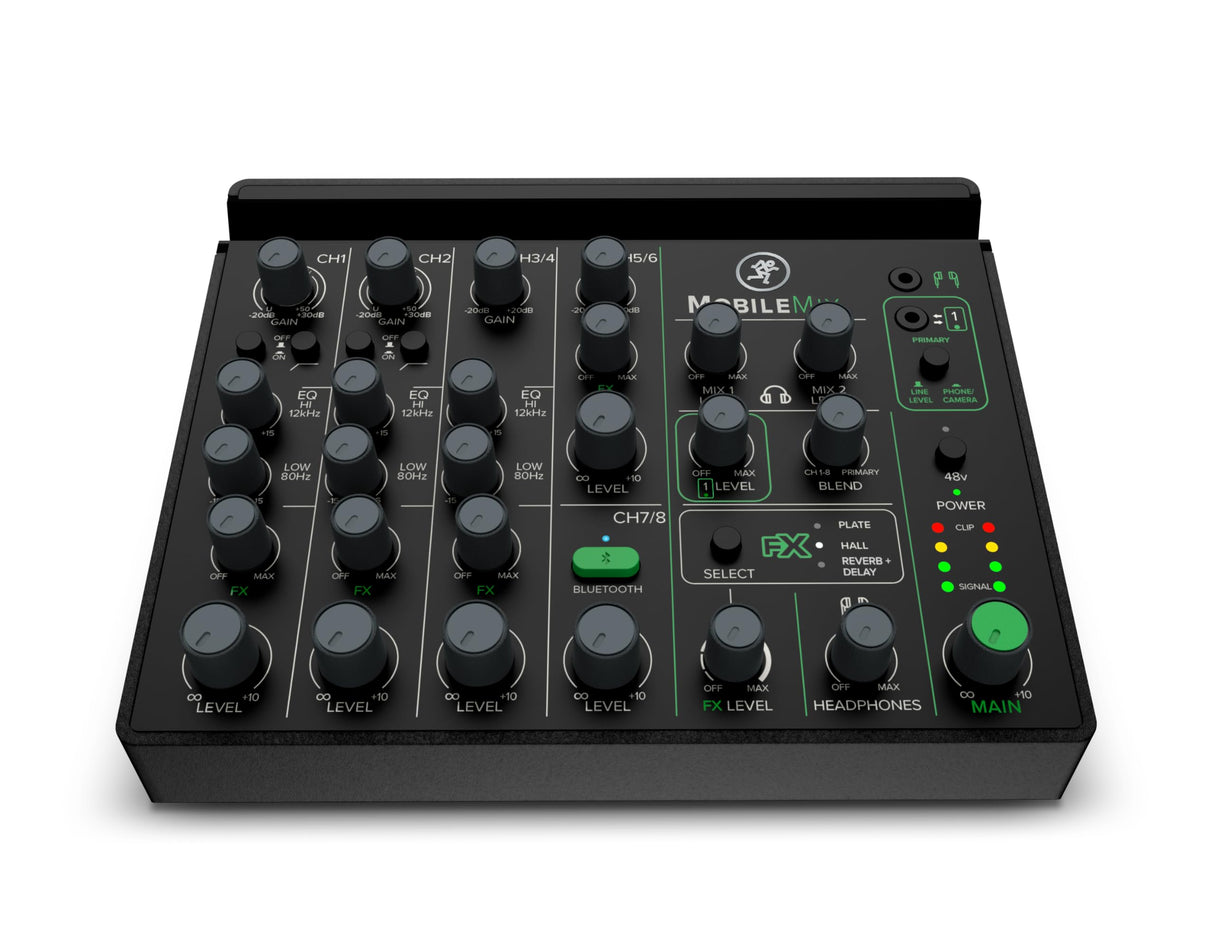MACKIE MobileMix mezclador de 8 canales alimentado por USB para producción audiovisual, sonido en directo y streaming con instrumentos, micrófonos y Bluetooth