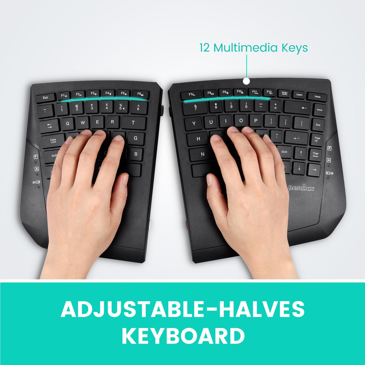 PERIBOARD-624B - Teclado ergonómico inalámbrico dividido - Teclas planas - Ángulo de inclinación ajustable - Diseño inglés de EE. UU