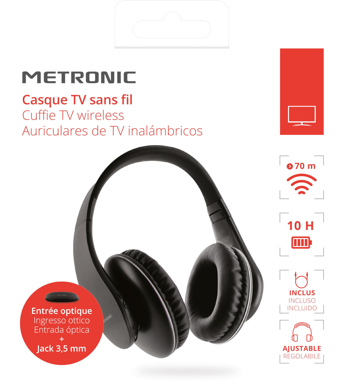 Metronic 480200 - Auriculares inalámbricos ópticos, estéreo, transmisor para TV/PC/Teléfono/Tablet, AUX 3.5mm, Volumen Integrado, Diadema Plegable, autonomía hasta 10 Horas