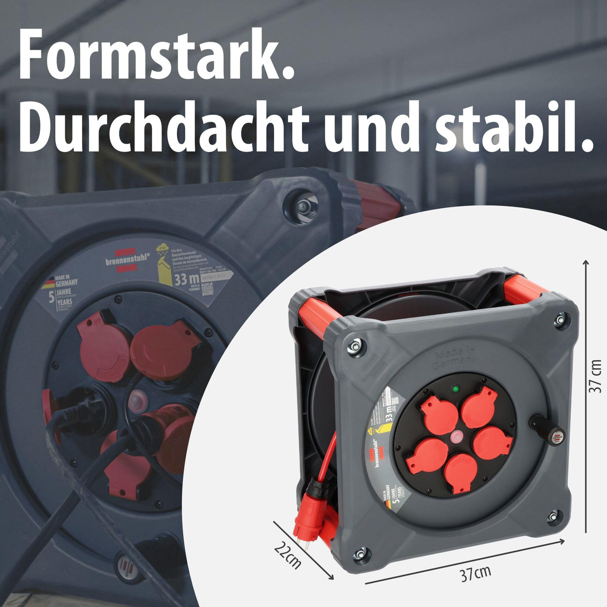 Brennenstuhl Carrete de Cable Profesional KA 3110 5 IP44 (Cable H07BQ-F 3G1,5 de 33 m en Rojo, Uso en Obra y Exterior Permanente, 5 enchufes de Seguridad, Made in Germany)