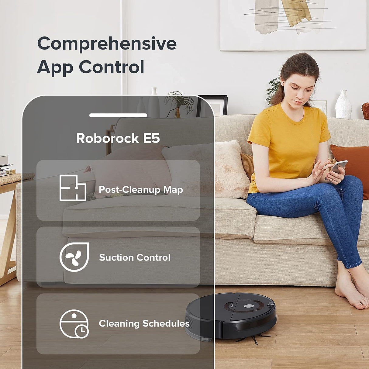 Roborock E5 Robot Aspirador y Mopa para Todos los Suelos con Control Remoto y App/Voz (2500Pa, 200min de duración, 640ml polvo/180ml tanque de agua, auto. Sistema de ruta giroscópico) Negro