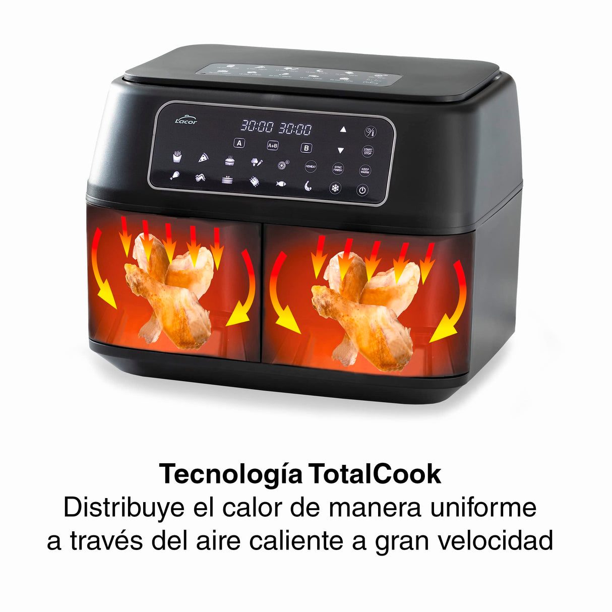 Lacor - 69508 - Freidora Sin Aceite DuploAir, Air Fryer con Pantalla Táctil, Doble Cestillo, Incluye Recetario, 11 programas, Función Deshidratado, Antiadherente ECO, Gran Capacidad 9L, 2400 W