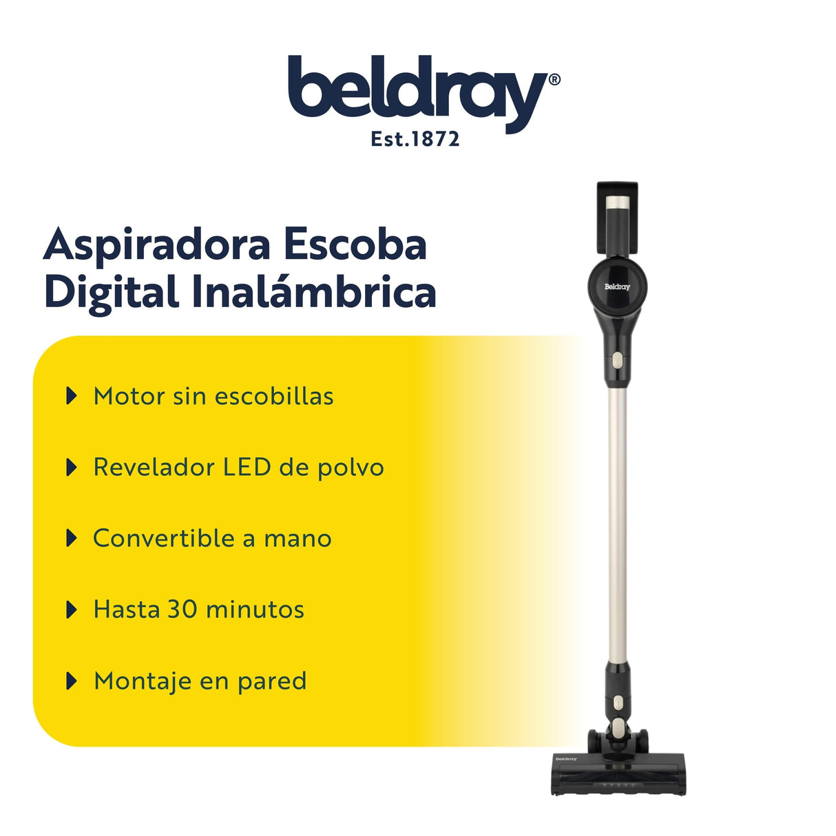Beldray Airvolve Digital Aspiradora Inalámbrica – Tecnología de Revelado de Polvo con LED, Incluye Montaje en Pared y Cepillo para Grietas 2 en 1, Batería de 22.2V, 500ml, BEL01981VDE