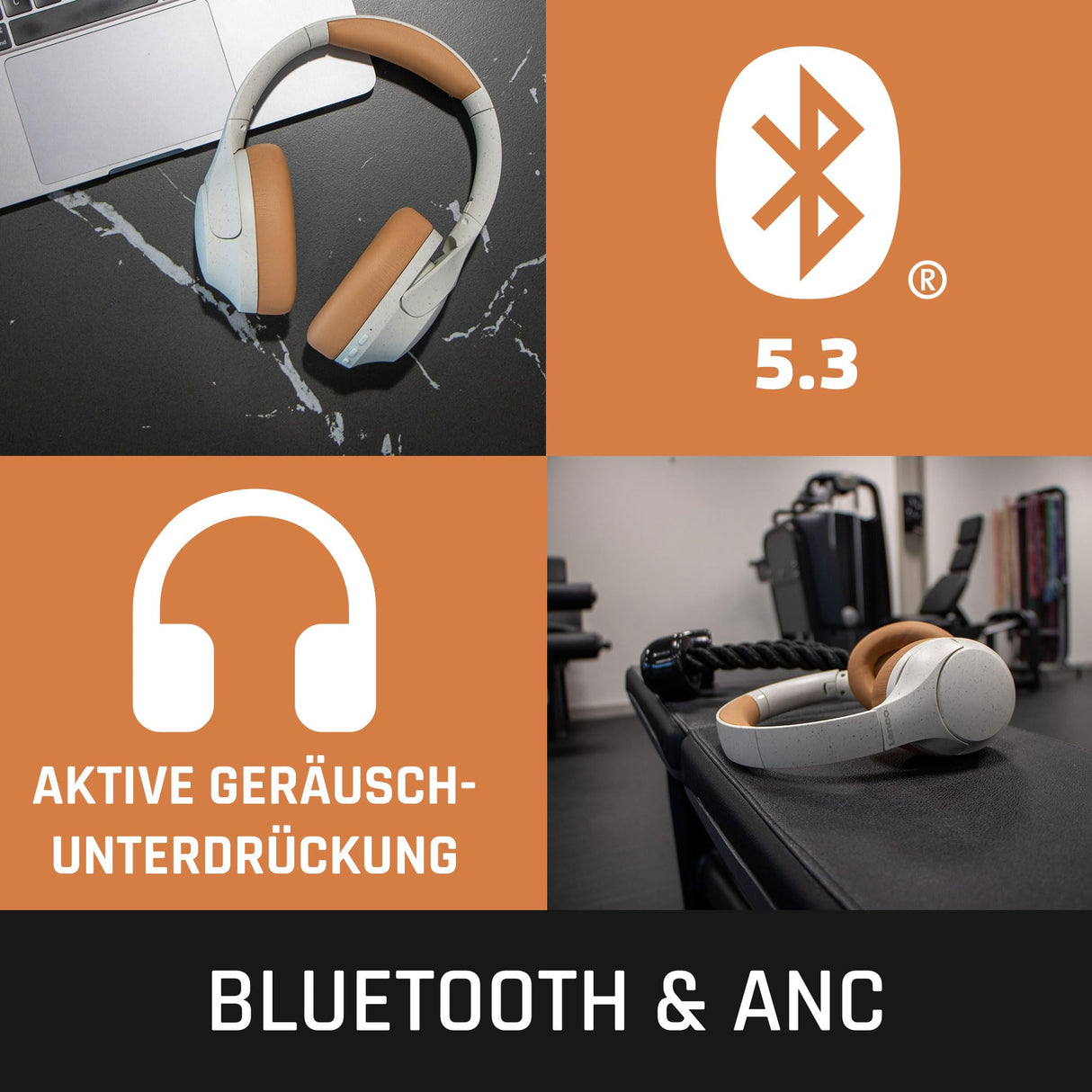 Lenco HPB-830 - Auriculares Bluetooth Over-Ear - ANC Active Noise Cancelling - Batería Bluetooth 5.3-400mAh - Entrada USB-C - Ecualizador a través de App - Gris