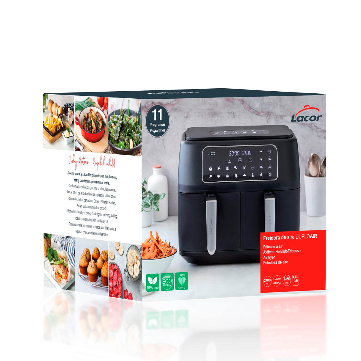 Lacor - 69508 - Freidora Sin Aceite DuploAir, Air Fryer con Pantalla Táctil, Doble Cestillo, Incluye Recetario, 11 programas, Función Deshidratado, Antiadherente ECO, Gran Capacidad 9L, 2400 W