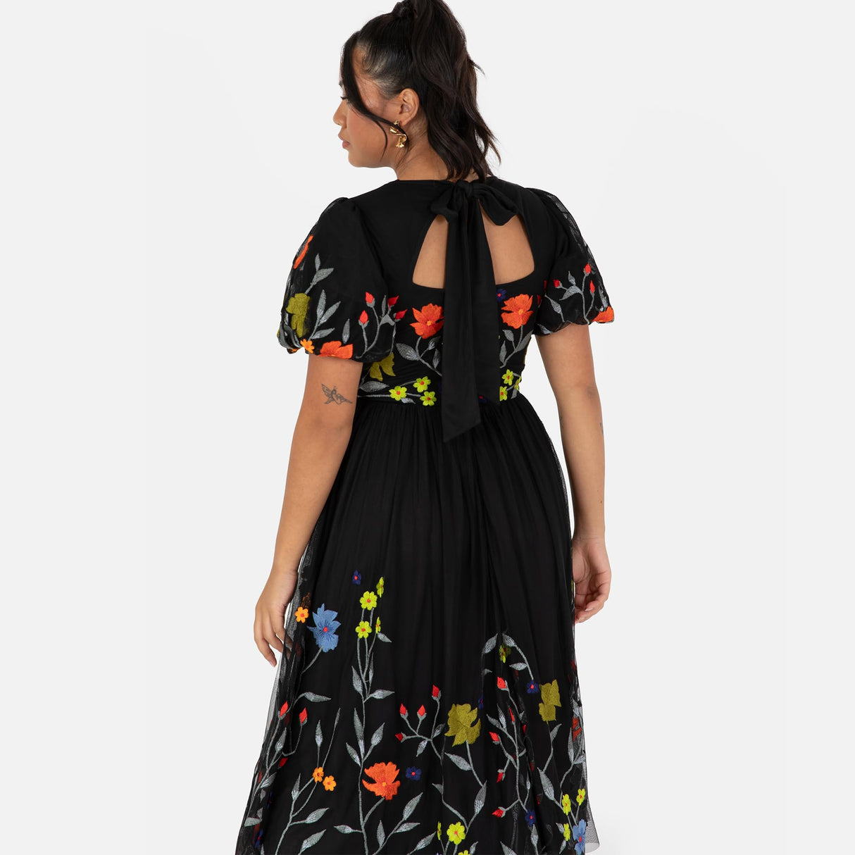 Maya Deluxe Women's Ladies Midi Dress Black Short Puff Sleeves Round Neck Floral Embroidered Open Back Tie A-Line Occasion Evening Vestido, 40 para Mujer